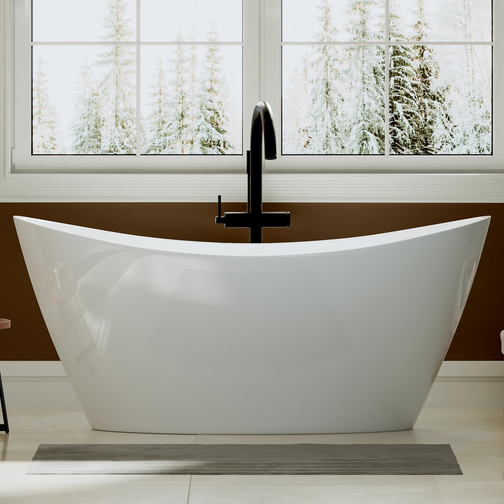 Empava 59" Freestanding Bathtub – Deep Soaking Acrylic Tub for Small Bathroom, Non-Slip Flatbottom, Stress Relief Home Spa, Brushed Nickel Drain & Overflow, Single Adult, Glossy White