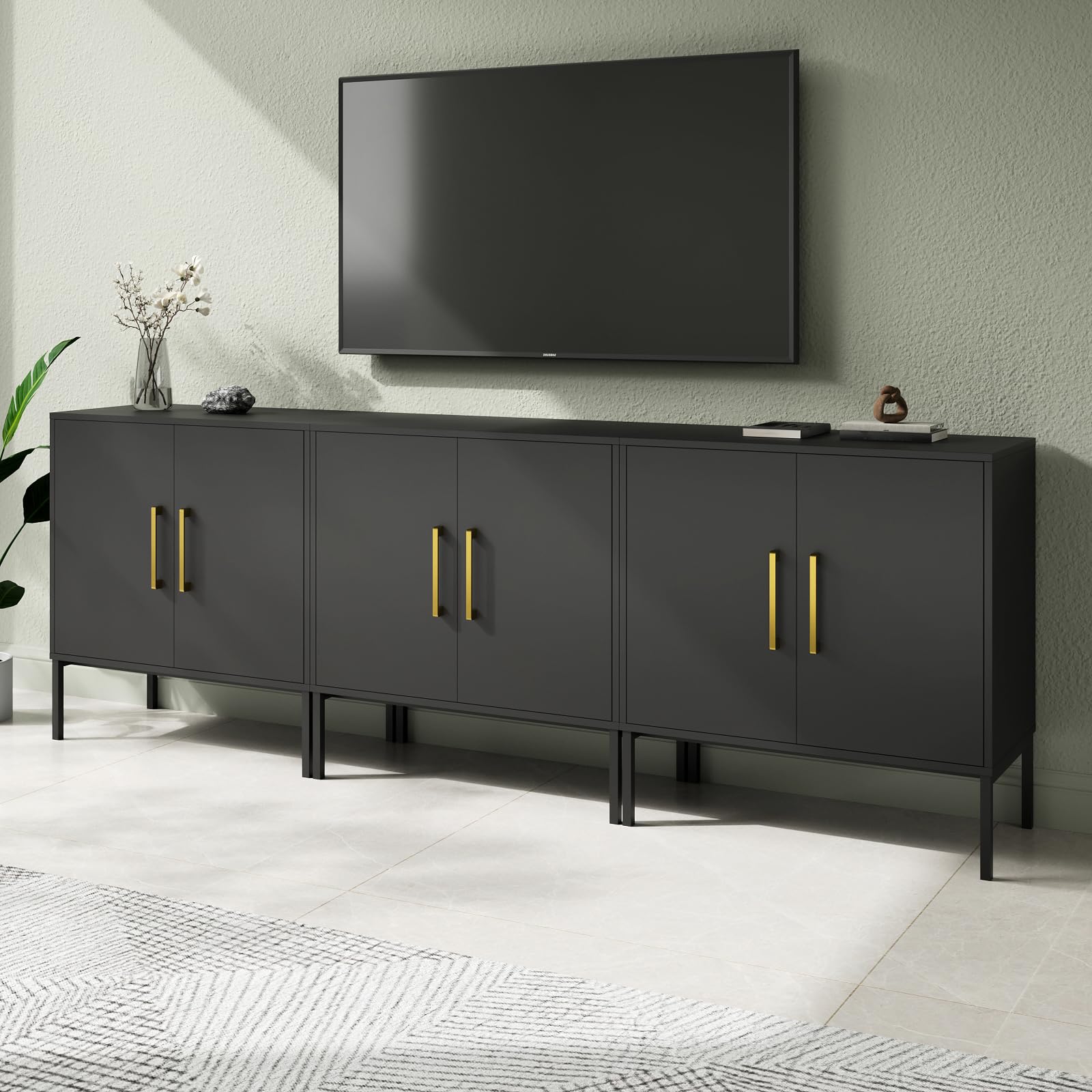 LYNSOM Storage Cabinet with Doors, Set of 3, Modern Buffet Cabinet with Storage, Kitchen Sideboard Buffet, Black Wood Accent Cabinet for Living Room, Bedroom, Hallway, Entryway, Office, Black