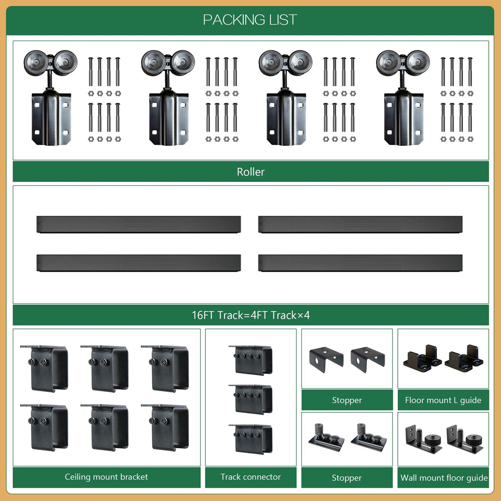 DIYHD 16FT Ceiling Mount Outdoor Double Sliding Barn Door Hardware,Heavy Duty Box Track Kit for Exterior Use,Max Load 300lbs,Fit 2 X48 in Doors (Hardware Only,No Door)
