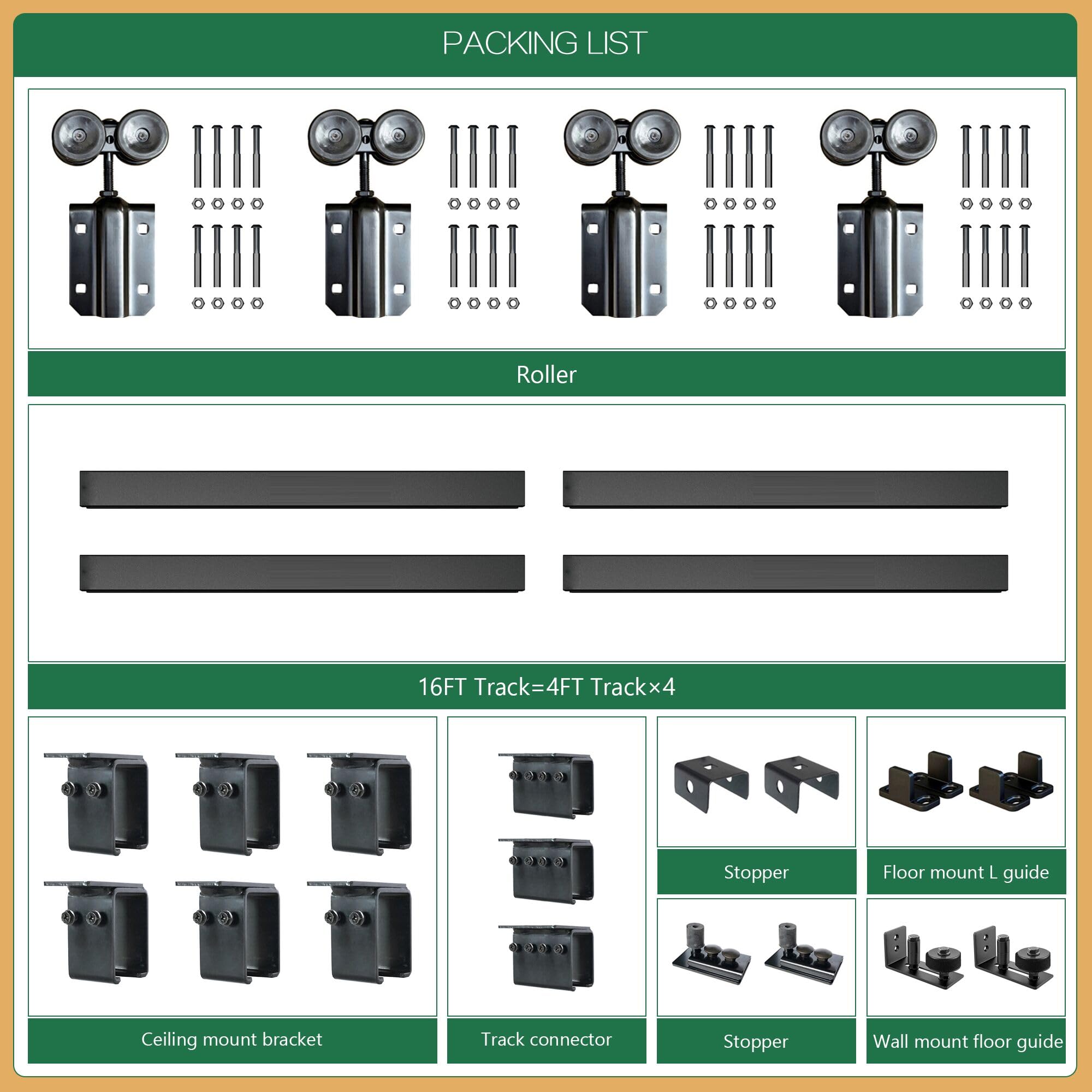 DIYHD 16FT Ceiling Mount Outdoor Double Sliding Barn Door Hardware,Heavy Duty Box Track Kit for Exterior Use,Max Load 300lbs,Fit 2 X48 in Doors (Hardware Only,No Door)