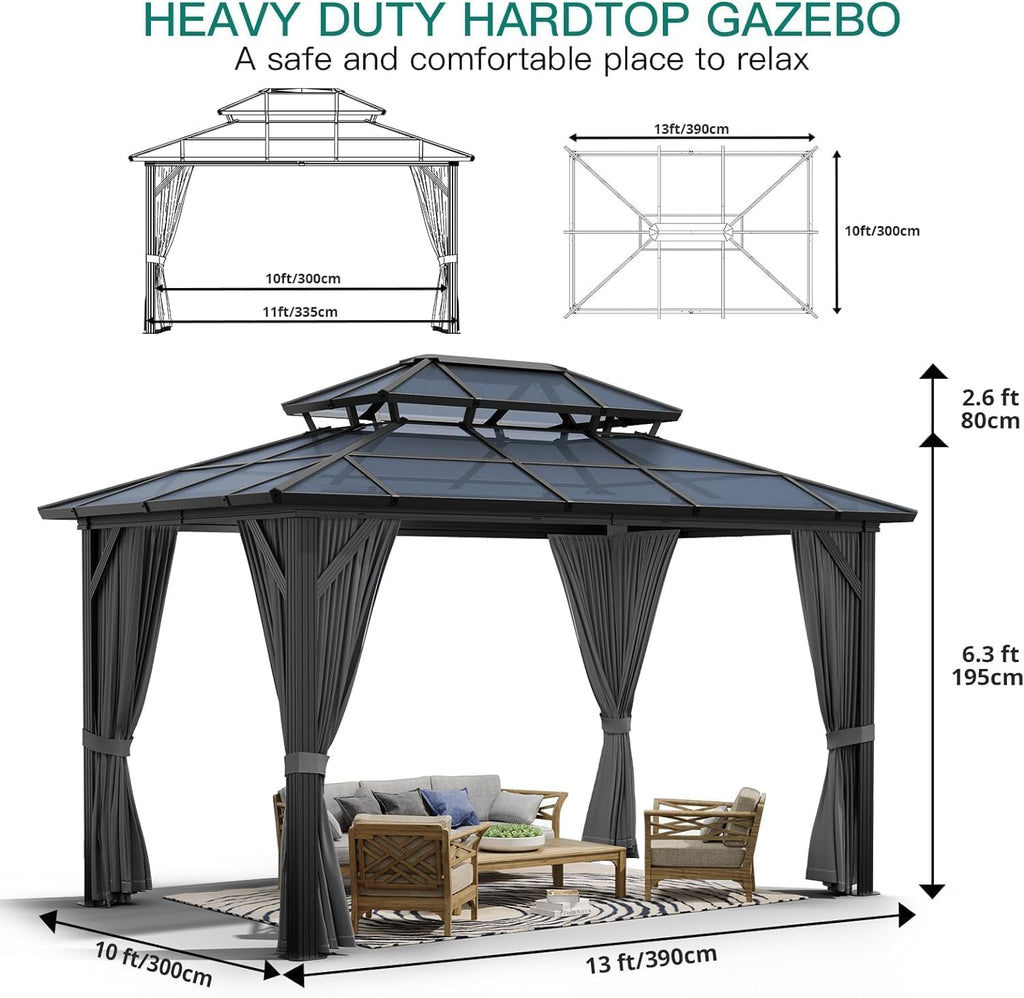 Hardtop Gazebo 10'x12' Double-Layer Polycarbonate Double Roof, Aluminum Frame Pavilion with Privacy Curtains and Netting All-Season for Patio, Garden, Hot Tub & Backyard