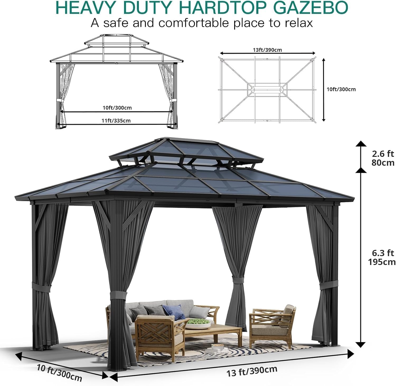 Hardtop Gazebo 10'x12' Double-Layer Polycarbonate Double Roof, Aluminum Frame Pavilion with Privacy Curtains and Netting All-Season for Patio, Garden, Hot Tub & Backyard