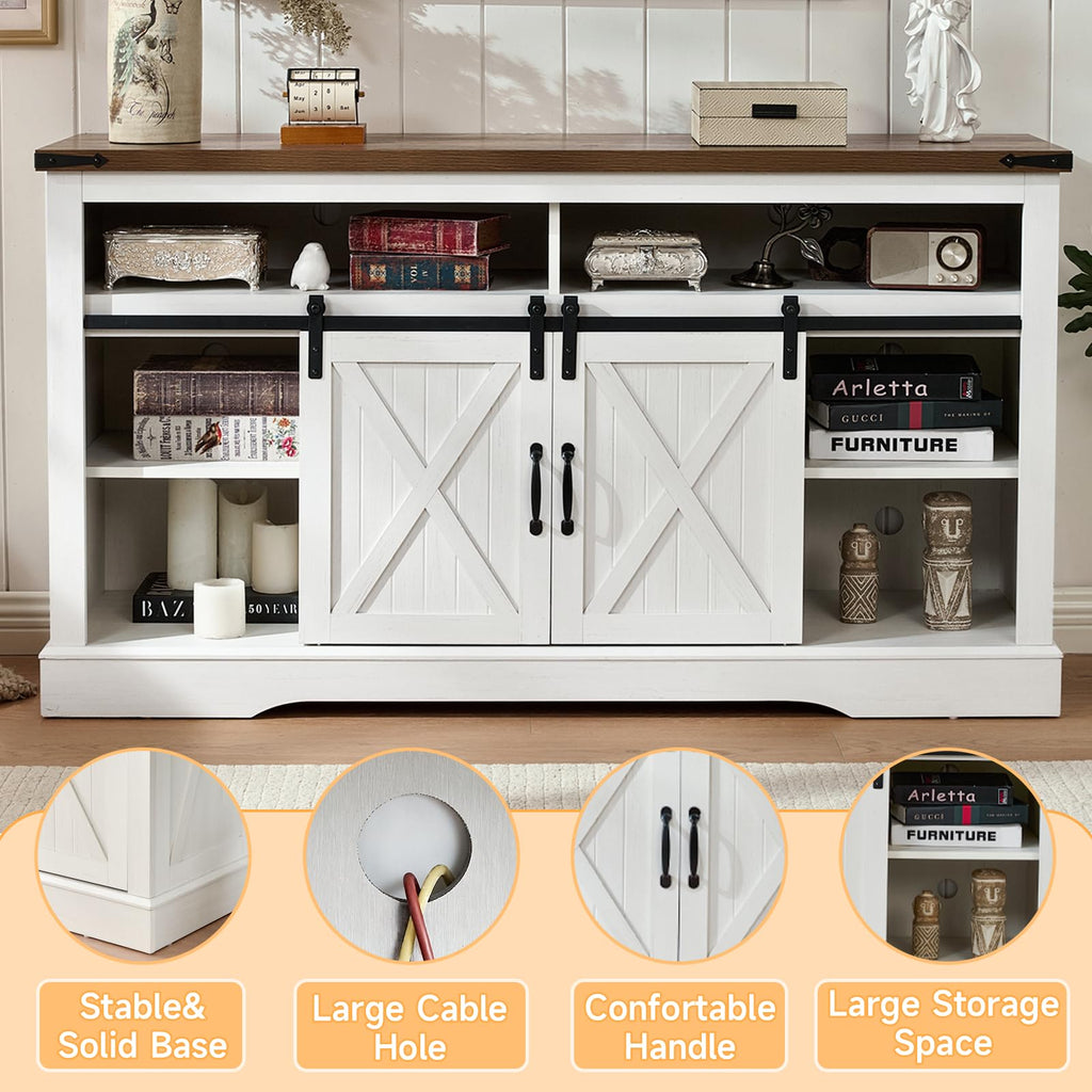 ROCKPOINT 58" Fireplace TV Stand for TV up to 65 Inch with Farmhouse Sliding Barn Doors, Highboy Entertainment Center with Storage Cabinet, 23" Electric Fireplace with Remote, White