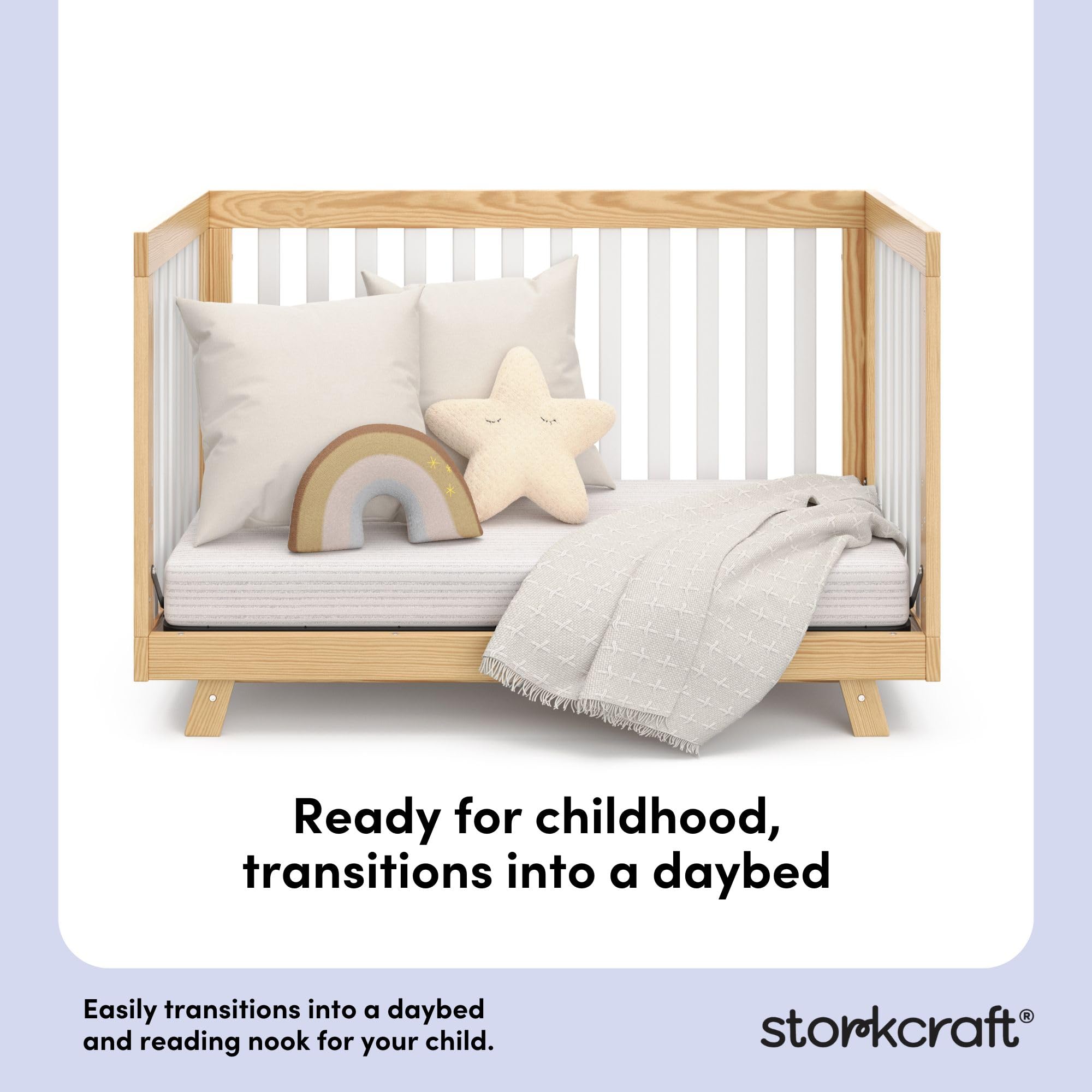 Storkcraft Beckett 3-in-1 Convertible Crib – GREENGUARD Gold Certified, Fits Standard Crib Mattress, Converts to Toddler Bed and Daybed, 4 Mattress Heights, Grow-with-Me Design (Natural and White)