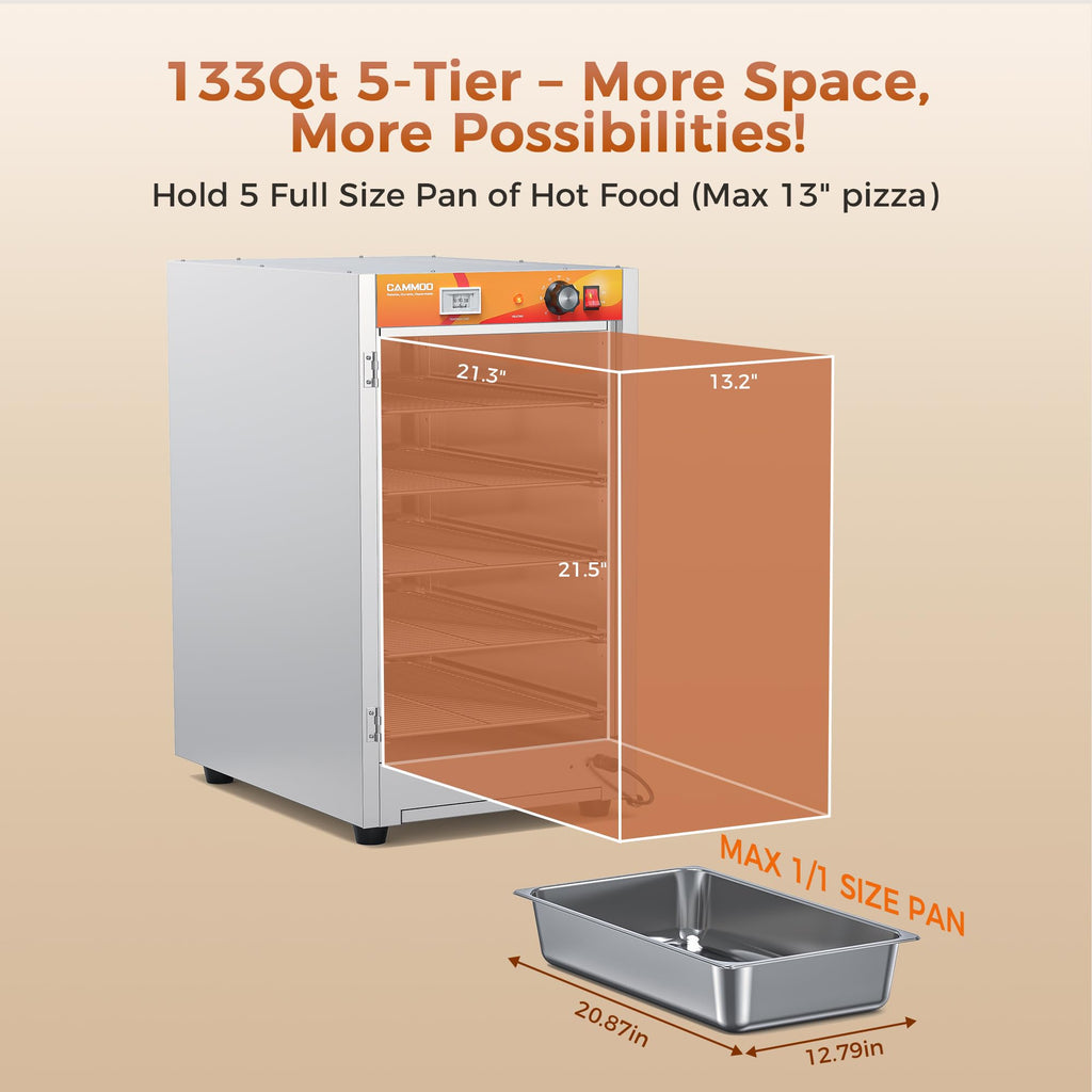 CAMMOO 133Qt 5-Tier 900W Commercial Food Warmer w/ 304 Blued Stainless Steel Heating Element, Single-Tempered Glass Door, Adjustable Shelf, Electric Catering Hot Box Countertop Heated Holding Cabinet
