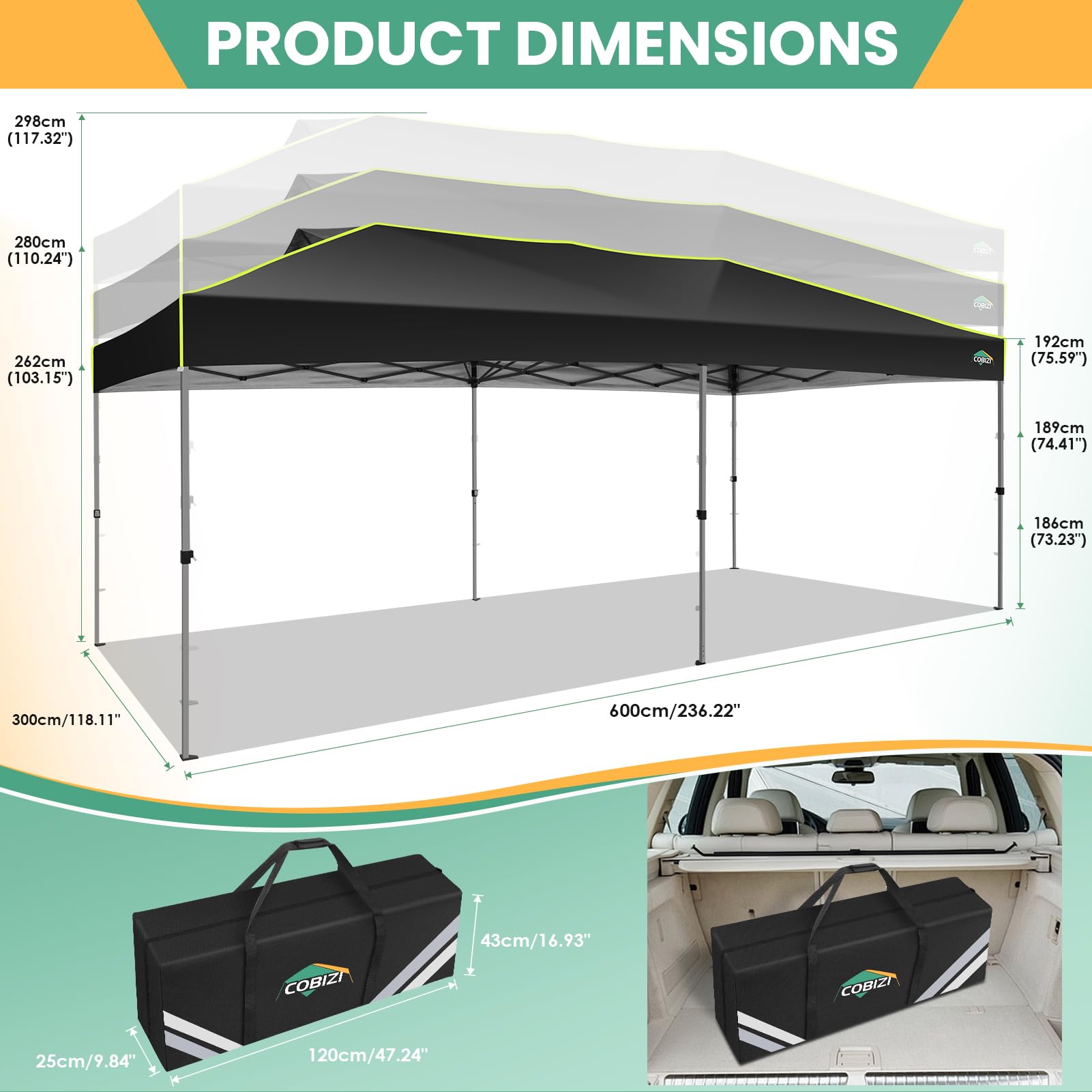 COBIZI 10x20 Pop Up Canopy Tent, Outdoor Party Tent with 6 Sidewall One Push Setup Glow, 3 Adjustable Height Air Vent Waterproof UPF50+, Bag, 4 Sandbag, 6 Stake, 12 Rope for Beach, Commercial