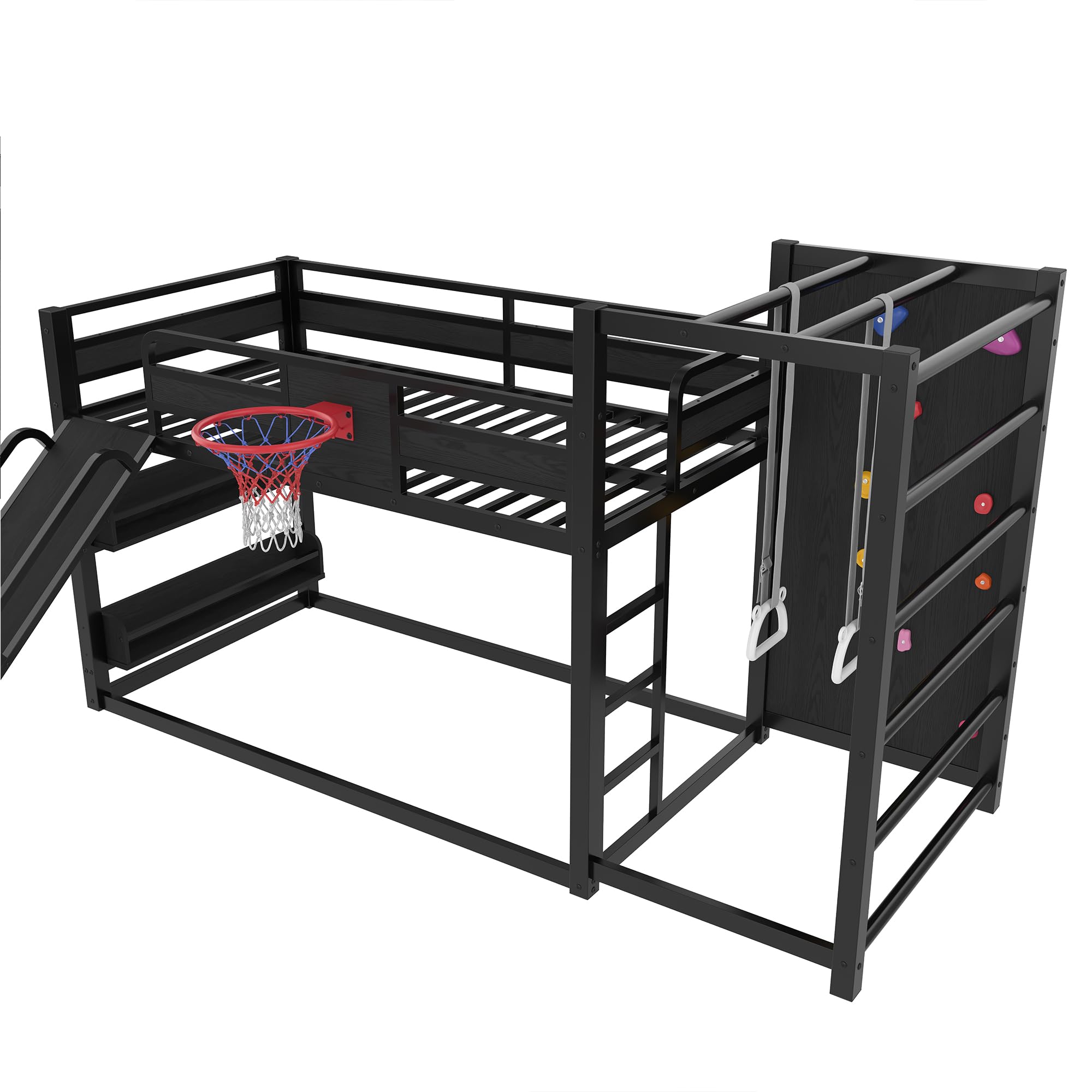 Bellemave Twin Size Bunk Bed with Basketball Hoop, Pull-up Rings and Climbing Wall, Twin Bunk Bed with Slide and Bookcase, Heavy Duty Bunk Beds with Guardrail, Black