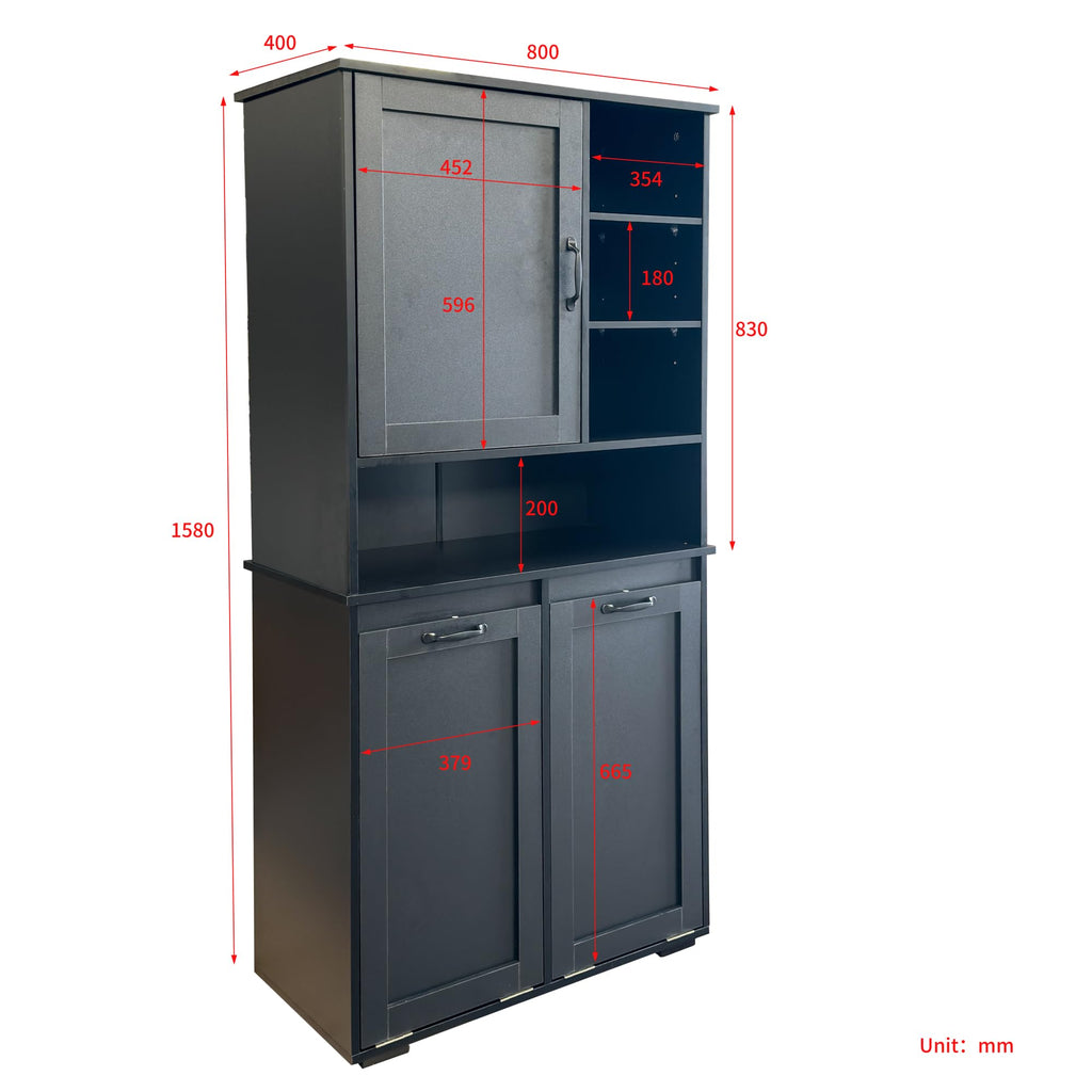 Roomfitters Tilt Out Laundry Hamper Cabinet with Hutch Modern Black Wooden Bathroom Storage Pantry Linen Tower, Black
