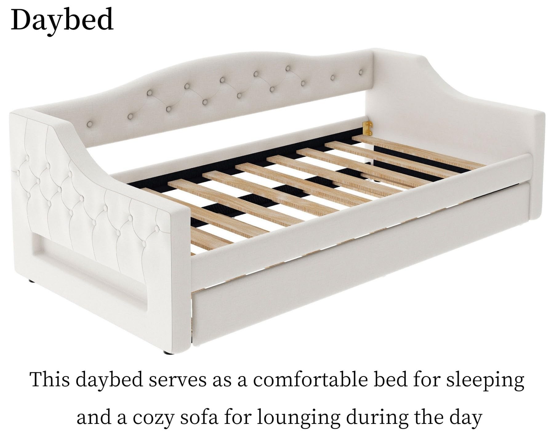 Merax Twin Size Linen Corner Daybed with Trundle and LED Belt, Upholstered Headboard Captain Bed Frames for Small Room, Bedroom, Guest Room, Kids' Room, White
