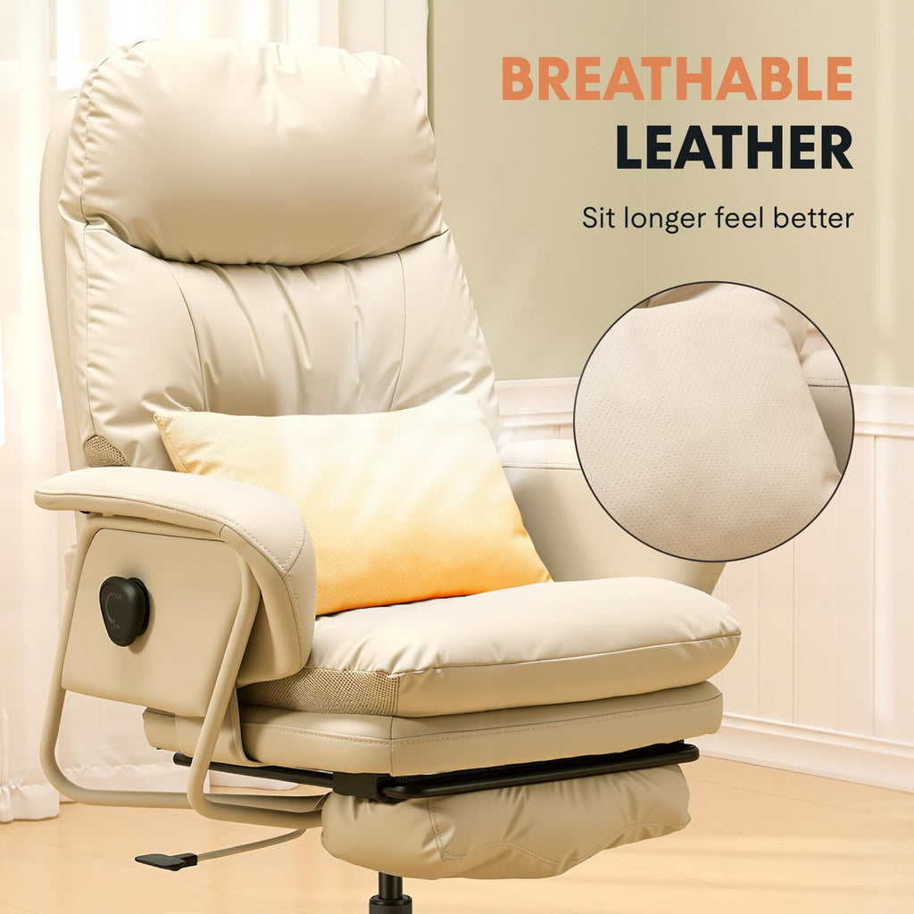 FLEXISPOT Ergonomic Office Chair with Footrest High Back Computer Desk Chairs Indoor Lounge Chair with Wheels 90-165° Reclining Lumbar Support, Chairs for Working Relaxing Cross Legged, Leather, White