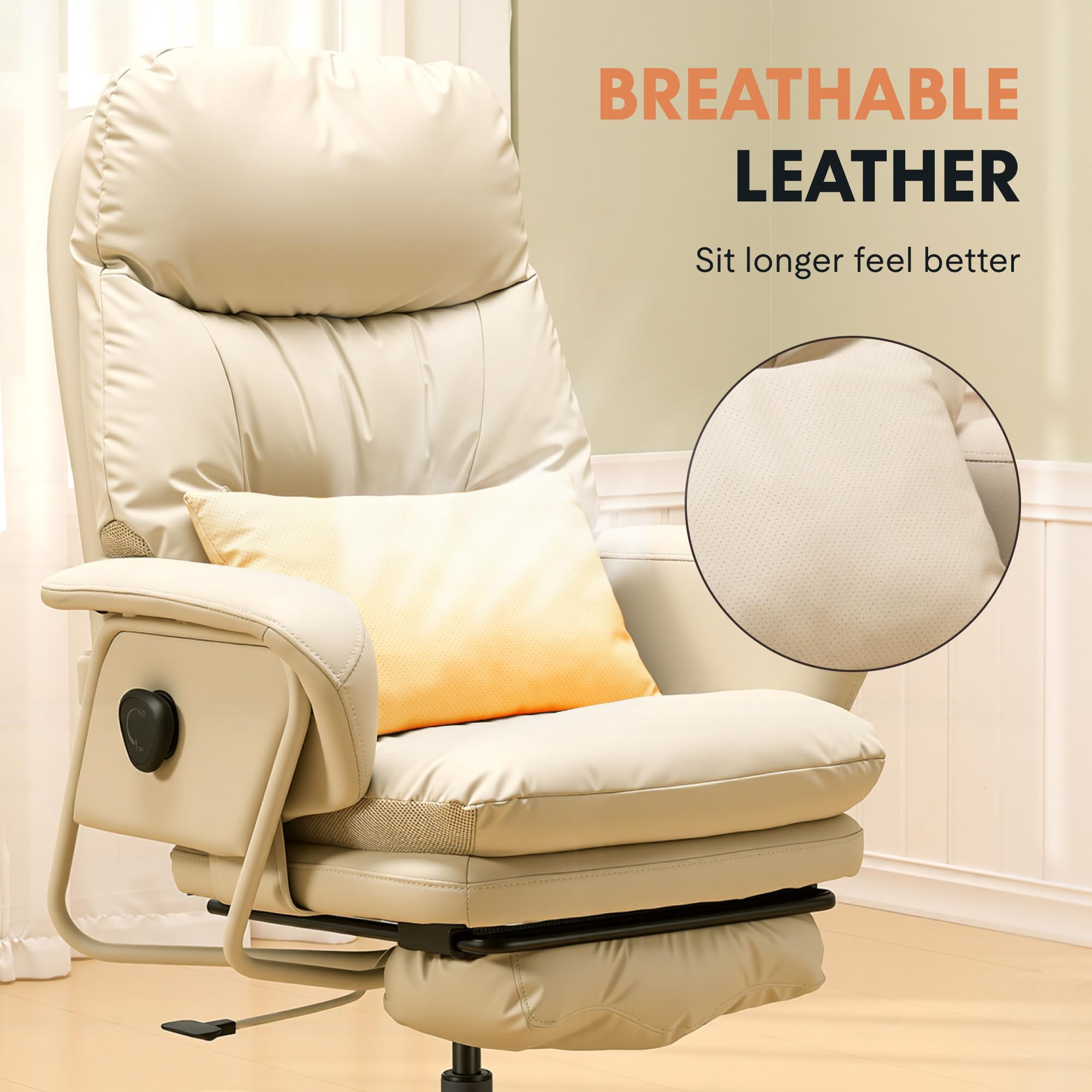 FLEXISPOT Ergonomic Office Chair with Footrest High Back Computer Desk Chairs Indoor Lounge Chair with Wheels 90-165° Reclining Lumbar Support, Chairs for Working Relaxing Cross Legged, Leather, White