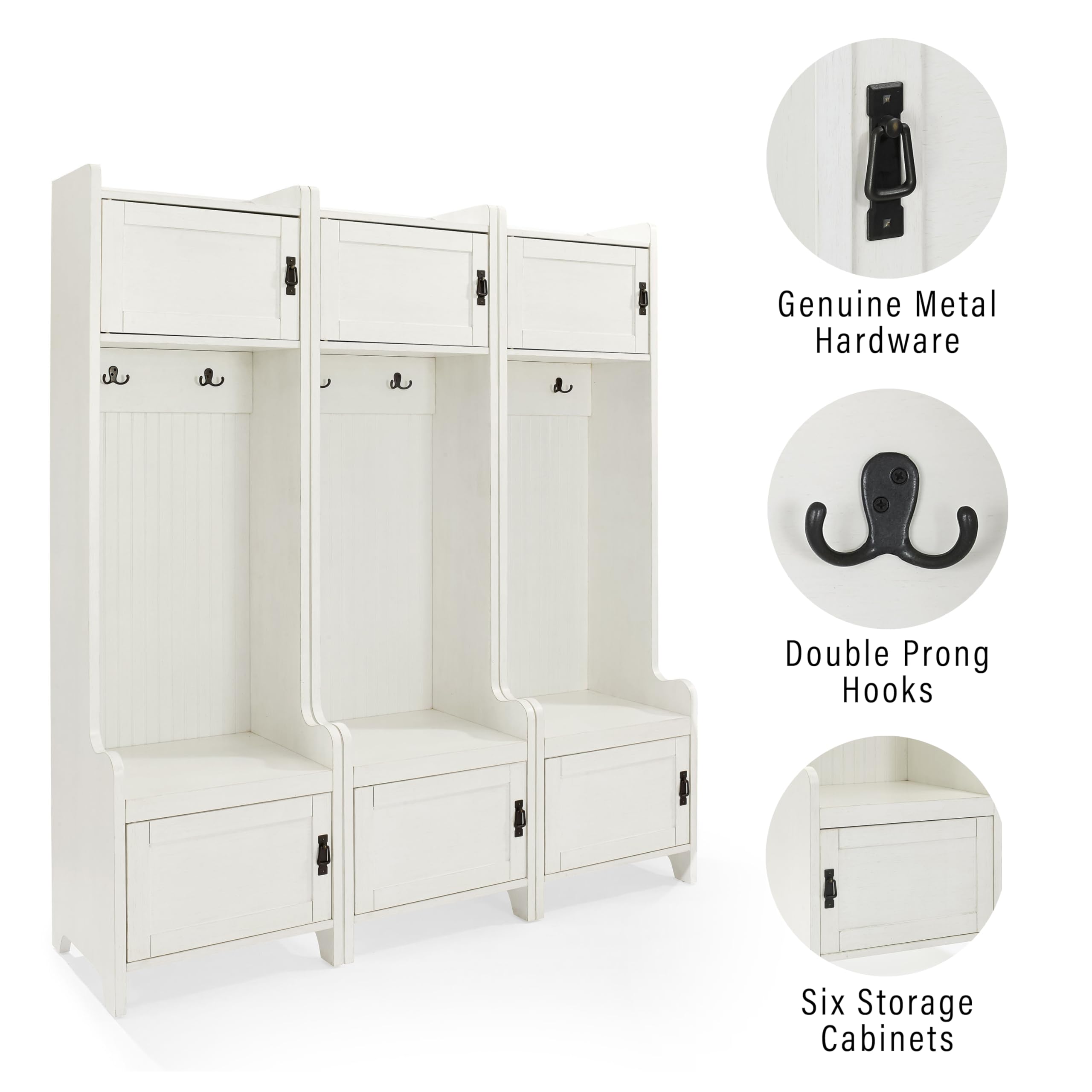 Crosley Furniture Fremont 3-Piece Hall Tree Entryway Set with Storage Cabinets and Coat Rack Hooks, Distressed White