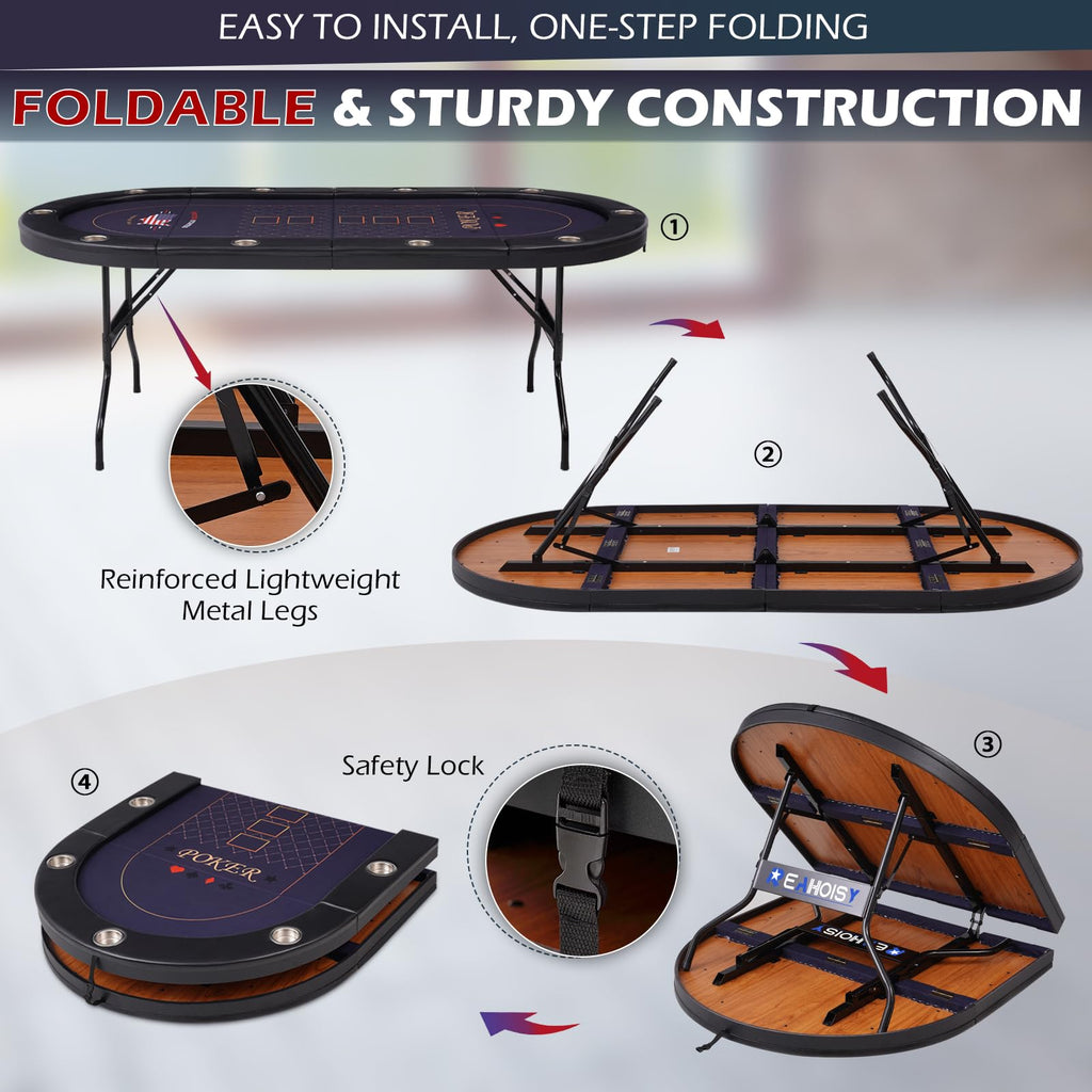 REAHOISY 10 Player Poker Table Foldable, Folding Texas Holdem Casino Table with Padded Rails & Cup Holders, Portable Poker Game Table for Home or Game Room, 84 Inch