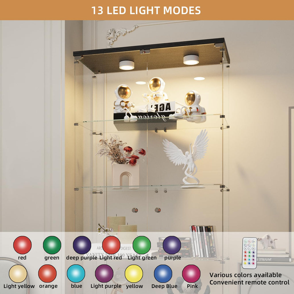 Beauty4U Glass Display Cabinet with Lights, 5 Shelves with 2 Doors, Curio Cabinets for Living Room, Bedroom, Office, Black Floor Standing Glass Bookshelf, Quick Installation