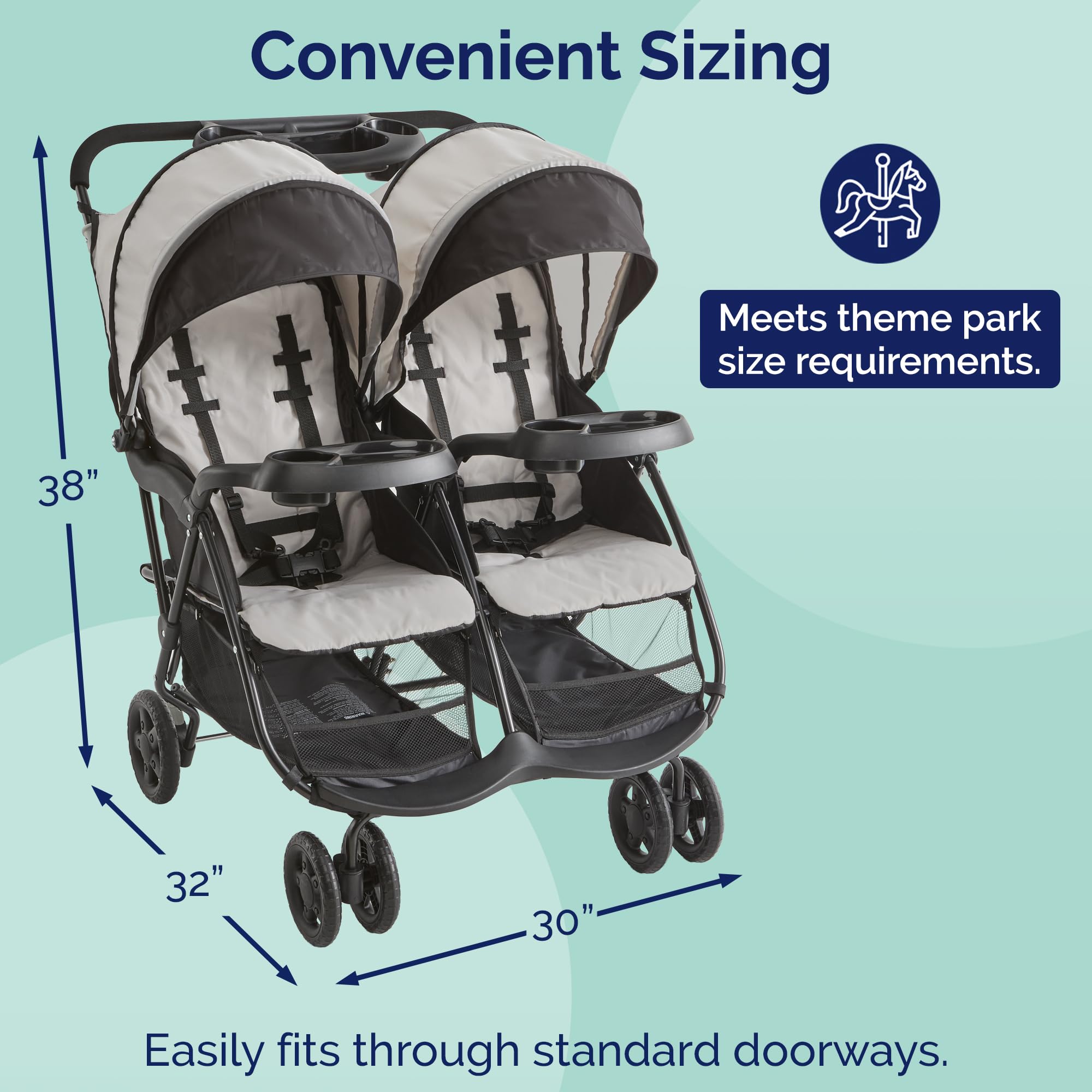 Kolcraft Cloud Plus Lightweight Double Stroller Side-by-Side for Infant Toddler, Compact Folding Travel System with Reclining Seats, Canopies, Storage Basket, Trays, Easy Maneuver - Slate Gray