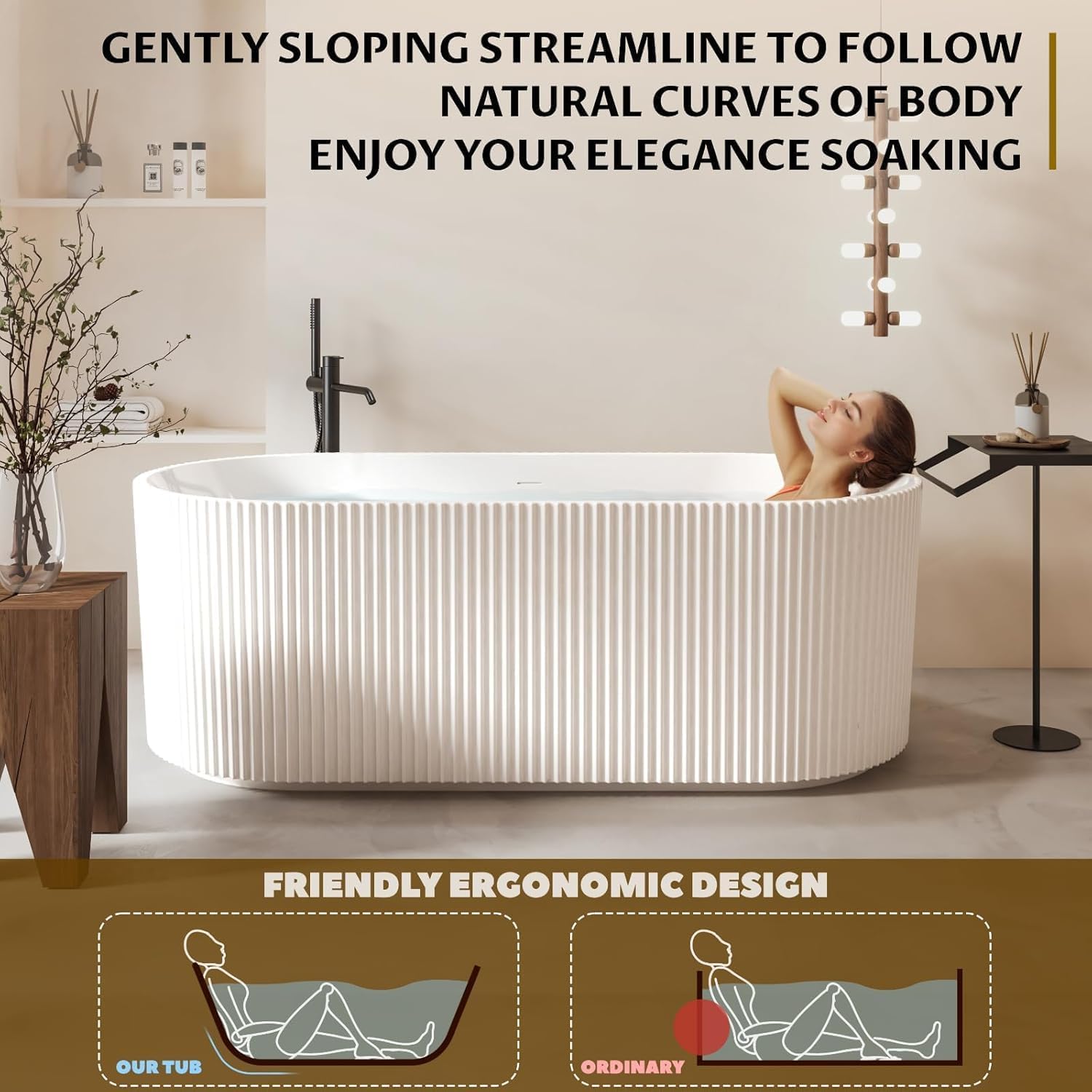 Garvee 59" Acrylic Freestanding Bathtub, Modern Soaking Tub with Matte Drain and Black Overflow, Stripe White, Deep Ergonomic Design, Double-Walled Insulation, cUPC Certified Bath Tub