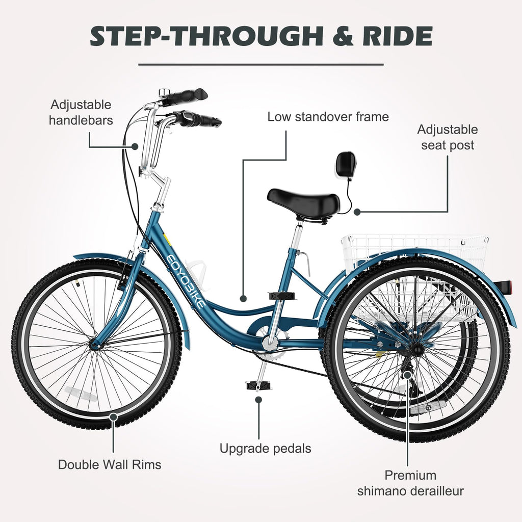 H&ZT Adult Tricycle, 3 Wheeled Bike, Trike Cruiser Bike, with 7-Speed Gear, Parking Brake Handle, Low Step, Large Rear Basket, Elderly Friendly, for Men, Women, and Teens