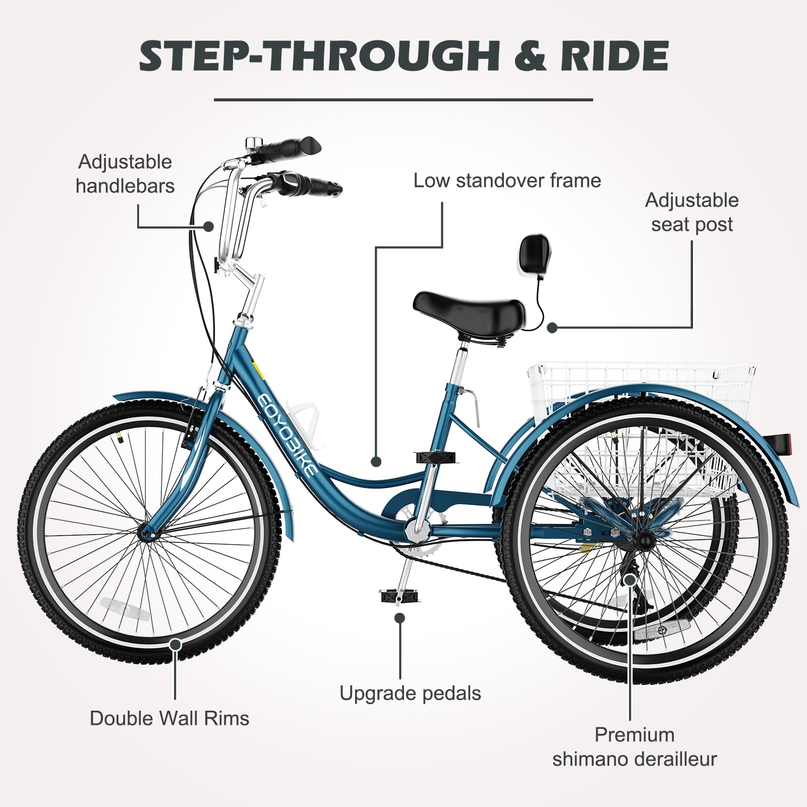 H&ZT Adult Tricycle, 3 Wheeled Bike, Trike Cruiser Bike, with 7-Speed Gear, Parking Brake Handle, Low Step, Large Rear Basket, Elderly Friendly, for Men, Women, and Teens