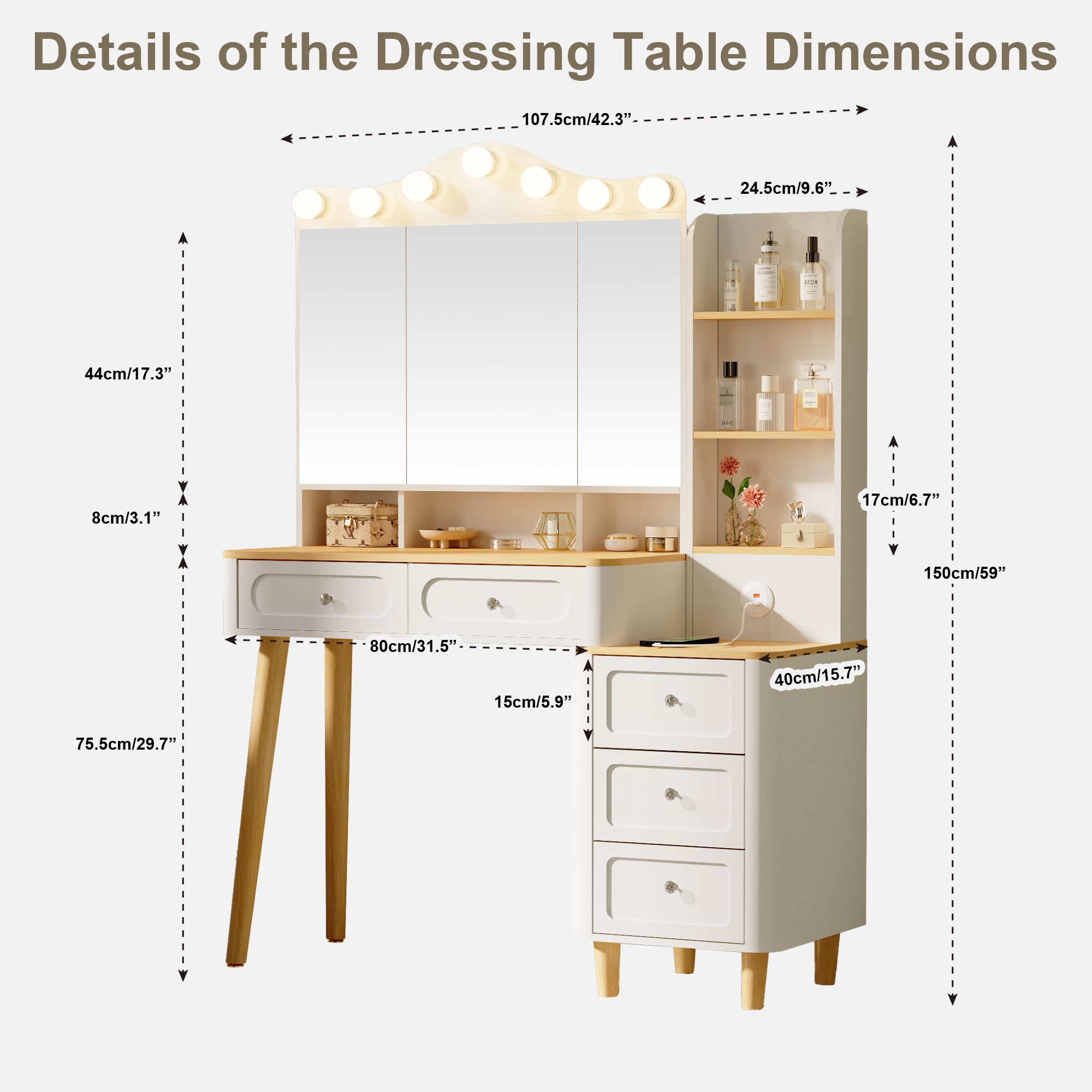KEIKI Vanity Desk with Adjustable LED Lighted Mirror & USB Ports, Makeup Vanity Table Set with & Foldable 3-Sided Mirror & Large 5 Storage Drawers & Chest for Women and Girls Bedroom Dorm