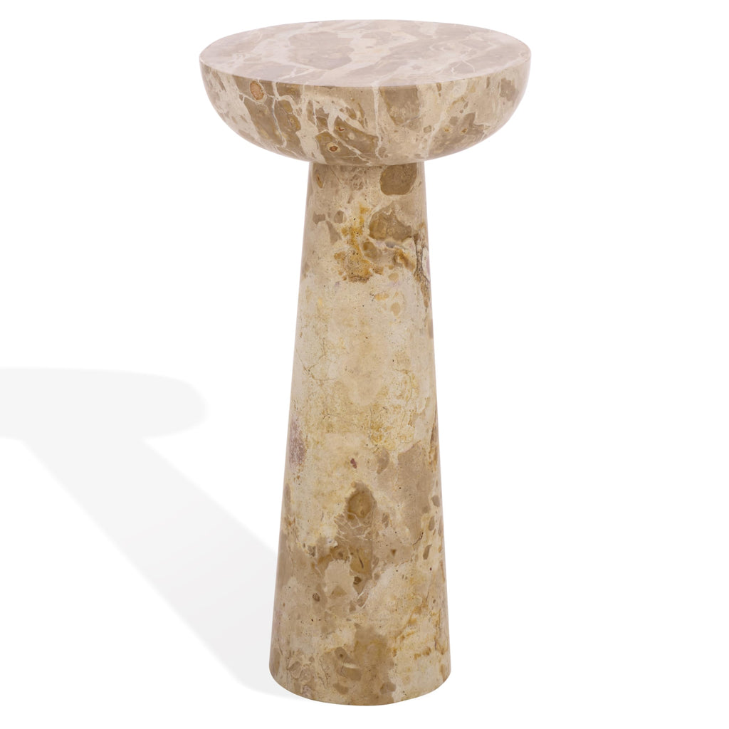 SAFAVIEH Couture Collection – Glendale Beige Round Marble Accent Table, Stone Pedestal Side Table, Modern Sculptural Design (SFV9766B)