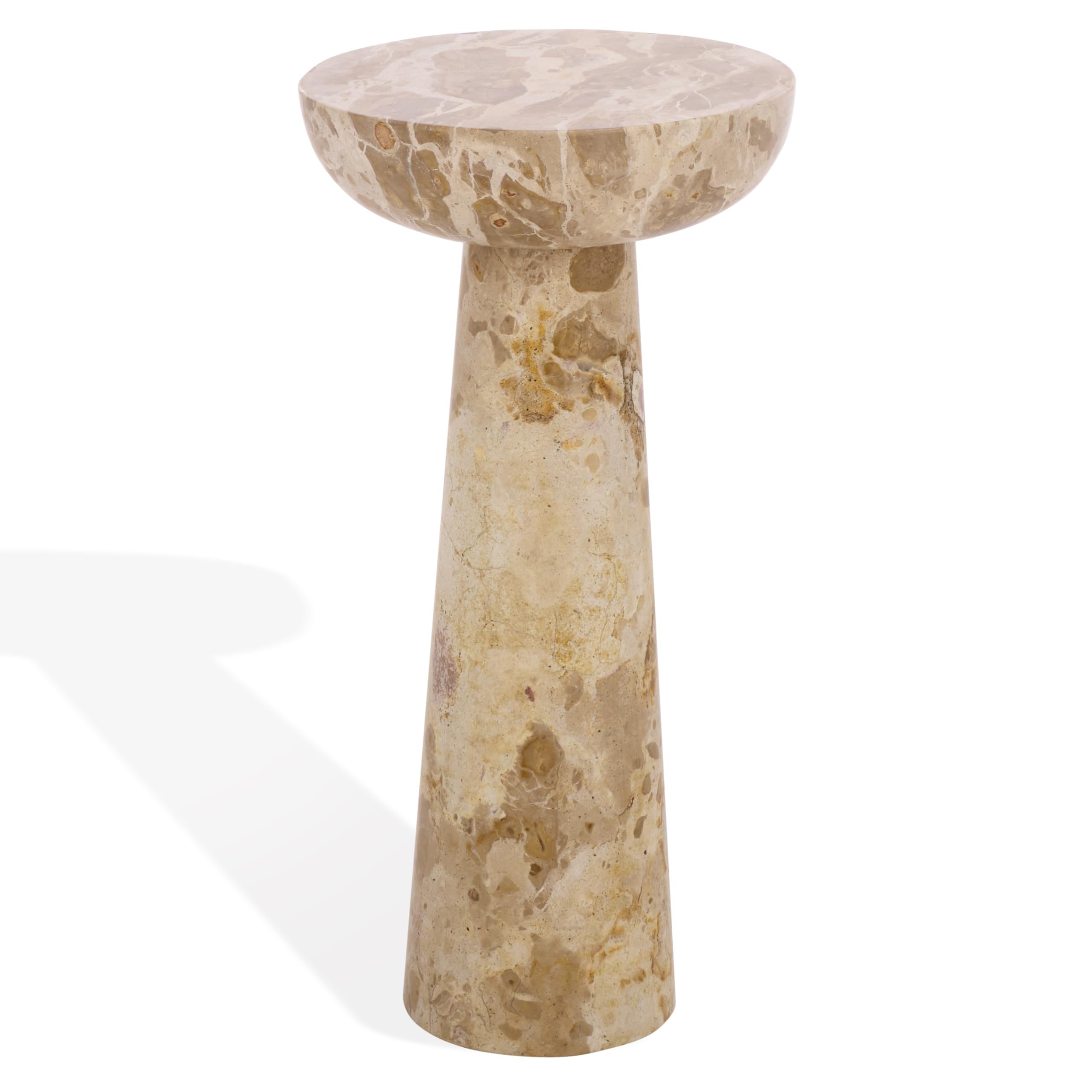 SAFAVIEH Couture Collection – Glendale Beige Round Marble Accent Table, Stone Pedestal Side Table, Modern Sculptural Design (SFV9766B)