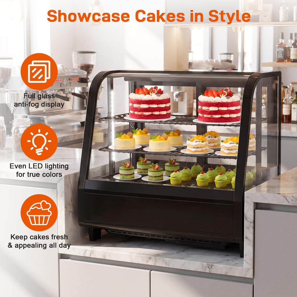 Commercial Cake Display Refrigerator, 100L Countertop Curved Glass Cooler with LED Light, Digital Thermostat, Frost-Free Pastry Showcase, Tempered Glass & Rear Sliding Doors for Bakery/Cafe/Home