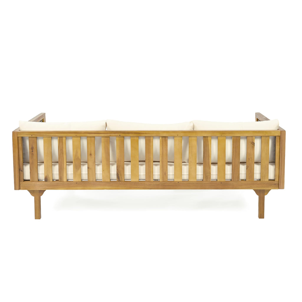 Christopher Knight Home Outdoor 3 Seater Acacia Wood Daybed with Fabric Water Resistant and Removable Cushions, Patio Garden Poolside Sofa with Wicker Armrest and Slat Paneling Back, Teak and Beige