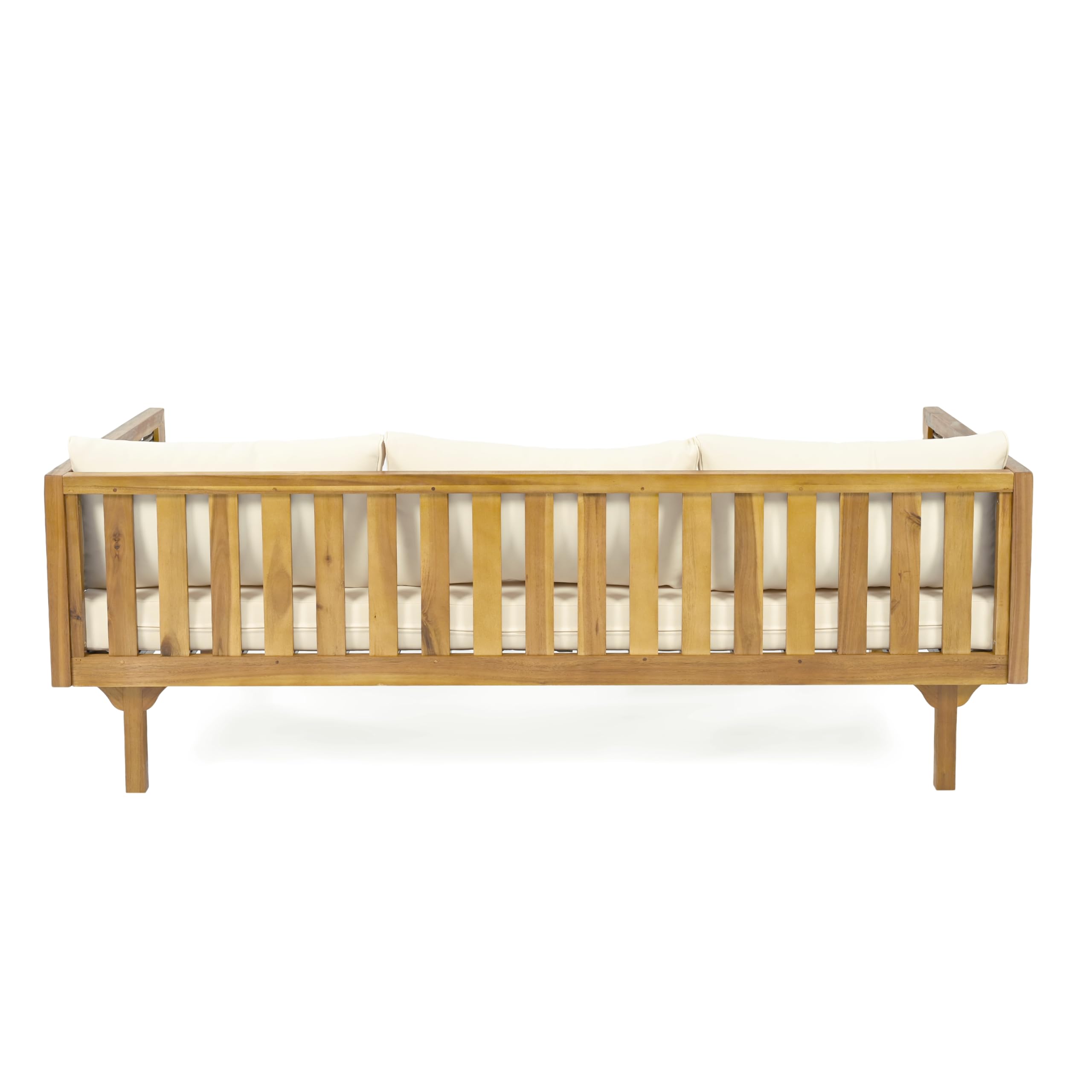 Christopher Knight Home Outdoor 3 Seater Acacia Wood Daybed with Fabric Water Resistant and Removable Cushions, Patio Garden Poolside Sofa with Wicker Armrest and Slat Paneling Back, Teak and Beige