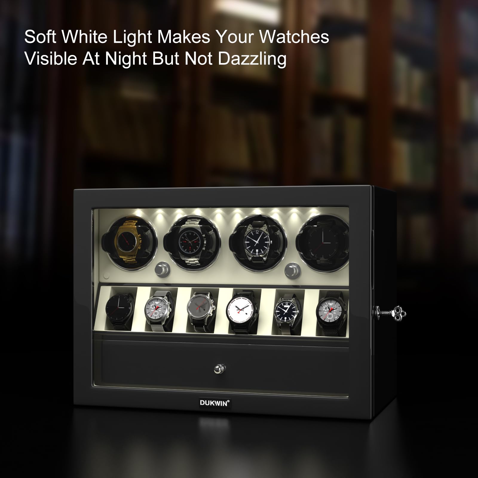 DUKWIN Watch Winder for 4 Automatic Watches, White Lockable Watch Winders with Extra Watch Storage, Jewelry Storage, 4 Rotation Modes, LED Light, Super Quiet Mabuchi Motor and Spring Watch Pillows