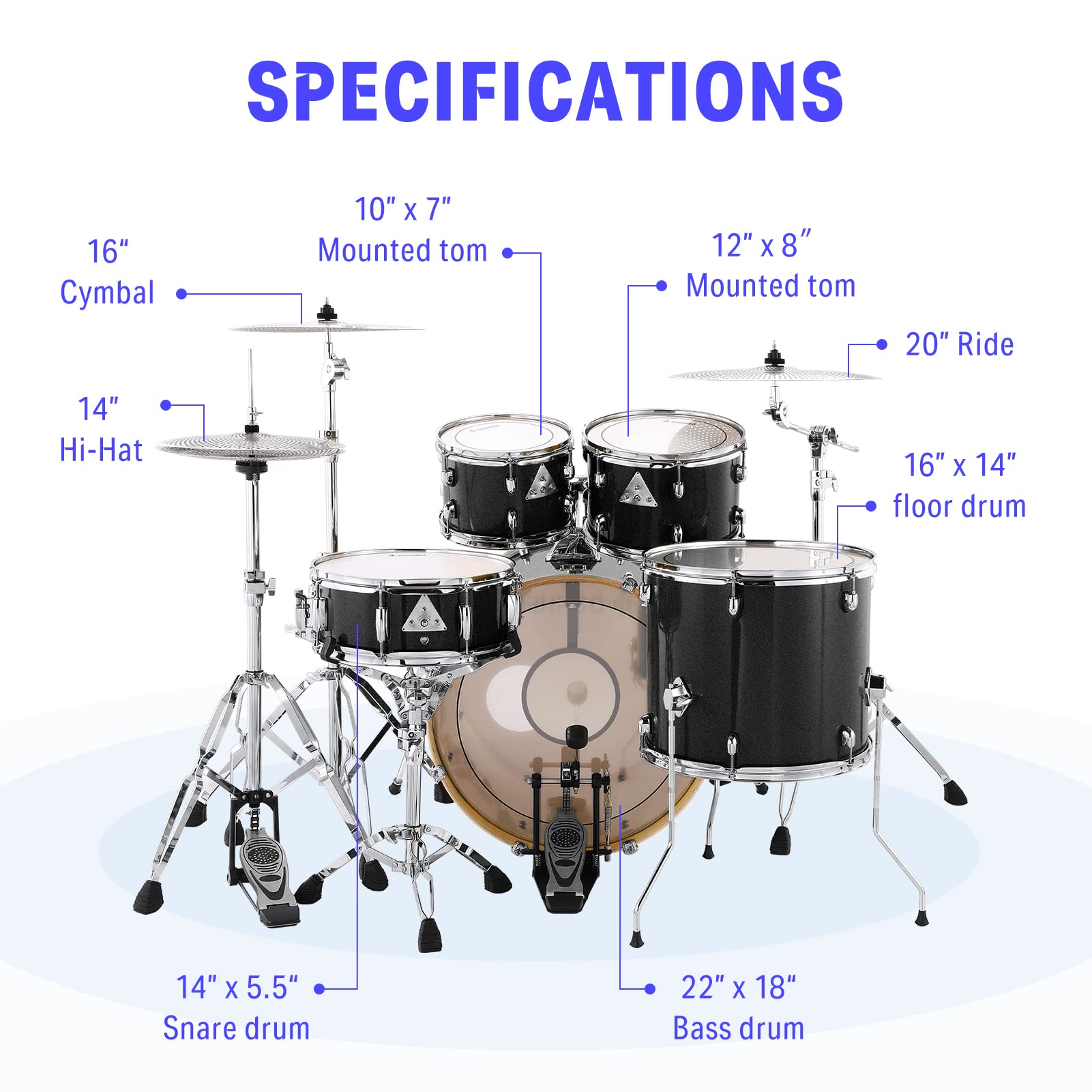 Donner Drum Set Adult with Practice Mute Pad,5-Piece 22 inch Full Size Acoustic Drum Kit, Black- DDS-520