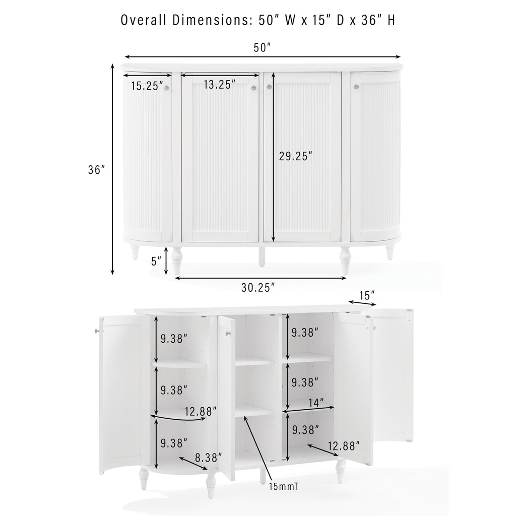 Crosley Furniture Monique Sideboard Traditional Buffet Cabinet with Storage Shelves, Fluted Doors, Distressed White