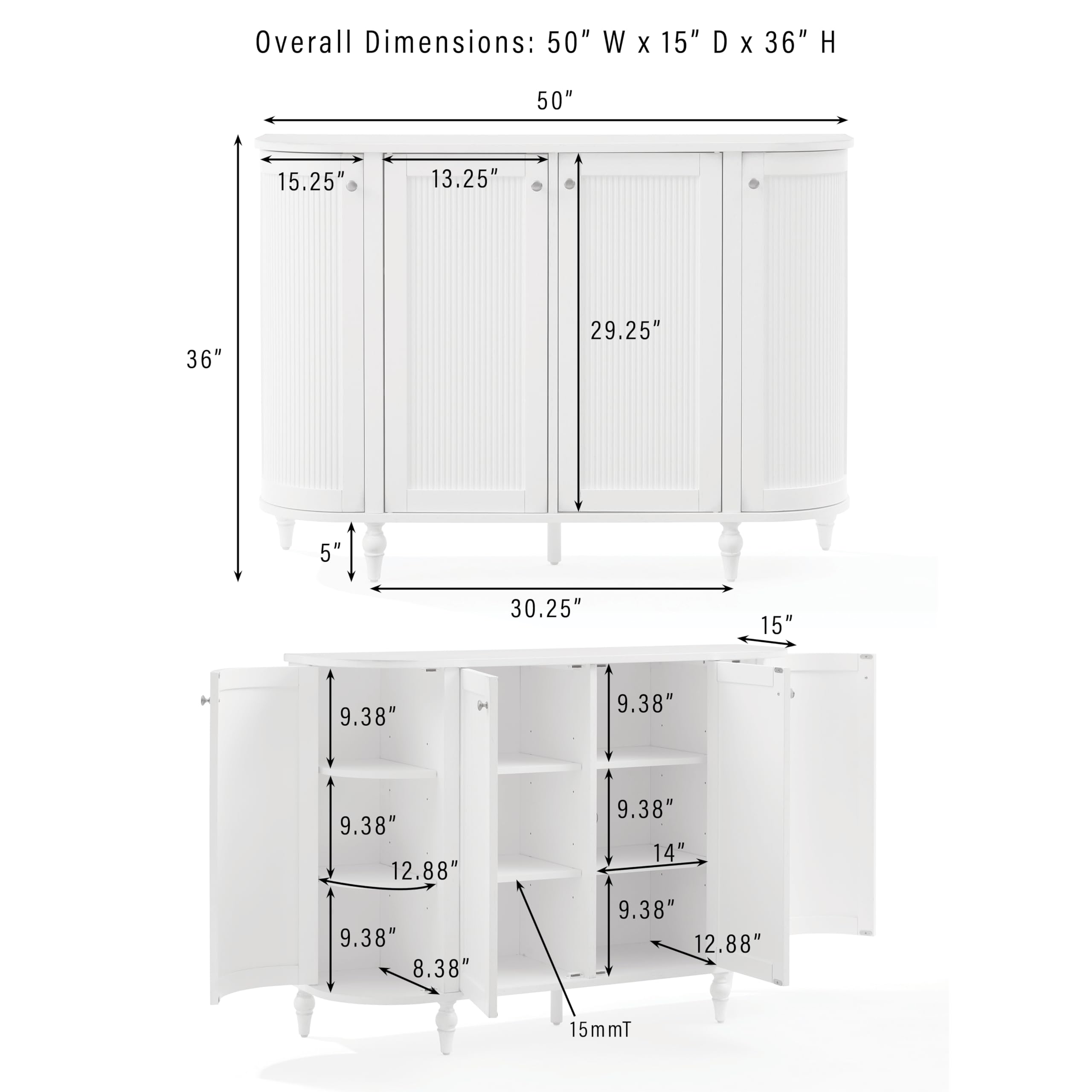 Crosley Furniture Monique Sideboard Traditional Buffet Cabinet with Storage Shelves, Fluted Doors, Distressed White