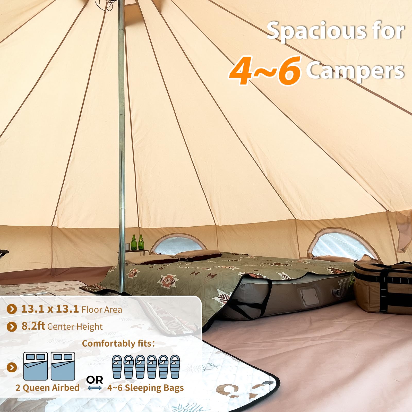 Canvas Bell Tent for Camping, 4-Season Yurt Tent with Stove Jack, All Year Living Glamping Tent for 4–6 Person, Sturdy Shelter for Family Camping & Backyard (13.1ft/4m)