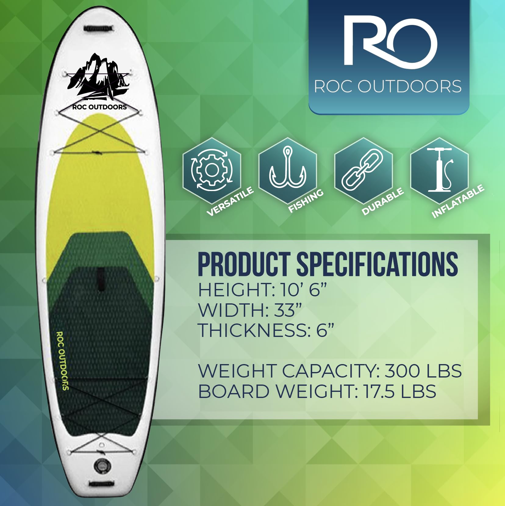 Roc Inflatable Stand Up Paddle Board 10' 6" with Premium SUP Paddle Board Accessories, Wide Stable Design, Non-Slip Comfort Deck for Youth & Adults (Lime W/Kayak Seat)