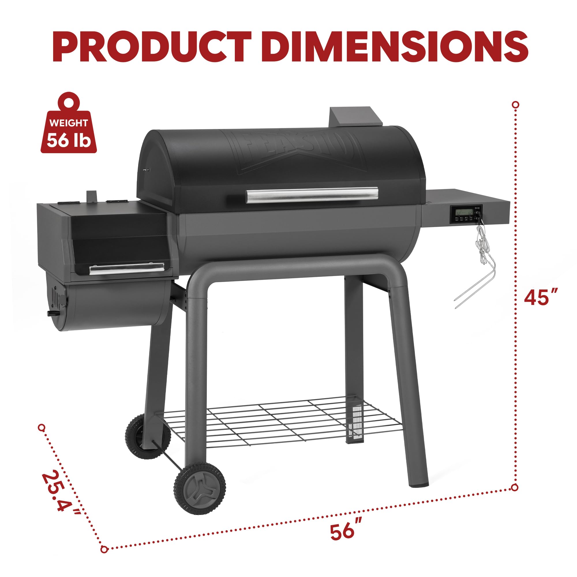 Feasto 30-Inch Heavy-Duty Charcoal Grill with Digital Temperature Control & 2 Meat Probes, Outdoor BBQ Grill with Offset Smoker, 832 Sq. In. Cooking Space for Backyard BBQ, Black & Grey