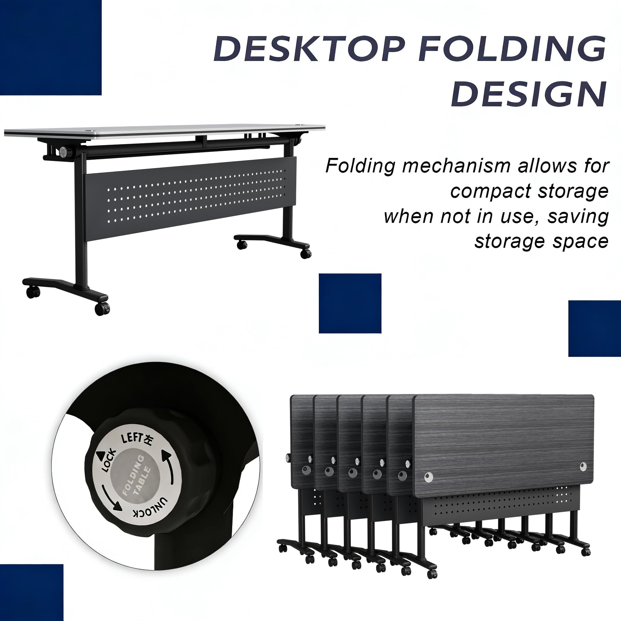 Modern Conference Table, Folding Conference Table with Wheels, Flip Top Mobile Meeting Table for 2-30 Person, Modular Seminar Training Room Table for Meeting Conference Room (4, Dark Grey, 70.8")