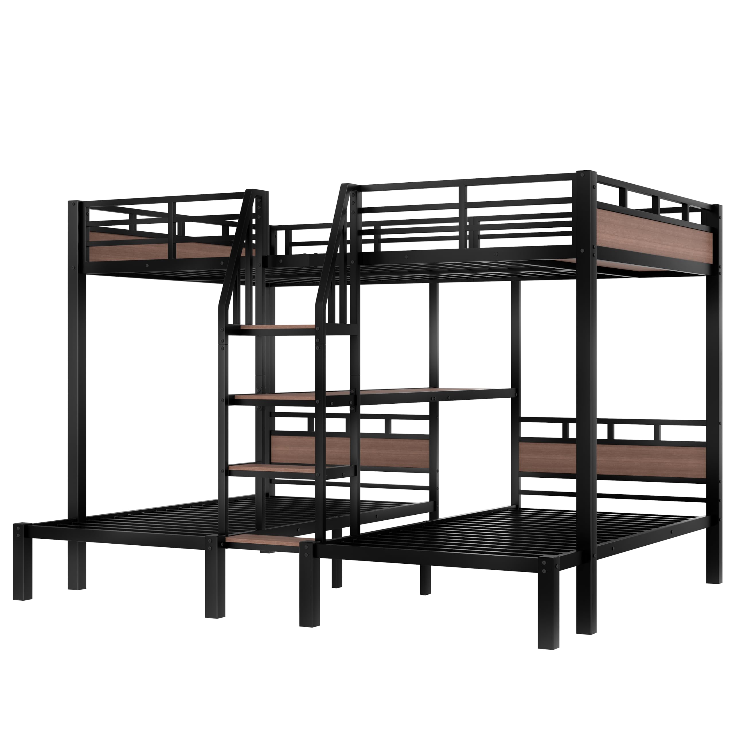 Bellemave Queen Over Twin Over Twin Bunk Beds for 3 Kids,Metal Heavy Duty Triple Bunk Bed Frame with Stairs and Storage Shelf,3 Bed Bunk Beds,Twin Size Triple Bed,Black