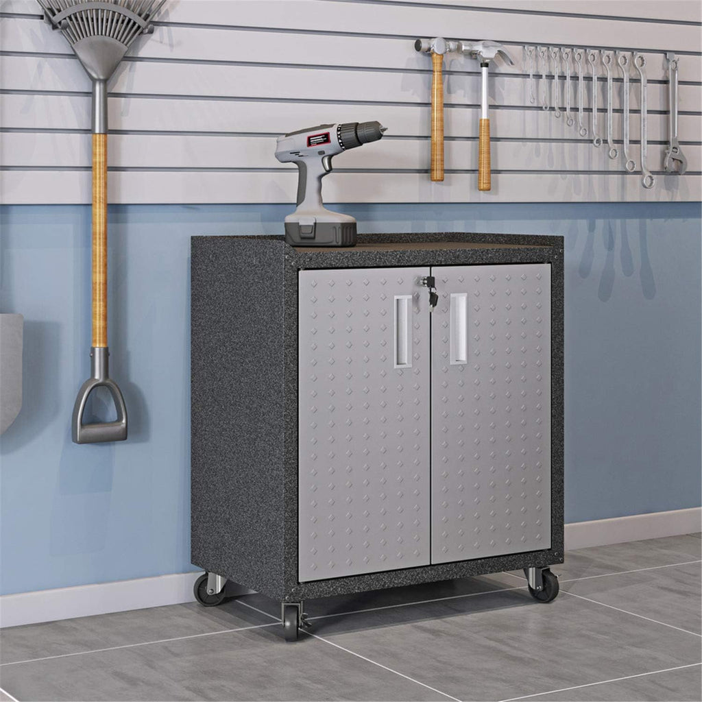 Manhattan Comfort Fortress 3-Piece Textured Garage Storage Set, Includes Mobile Metal Cabinet Chests and Worktable, Space-Saving Design, 25 Gauge Metal, Lockable Wheels, 1.0 Series, Grey