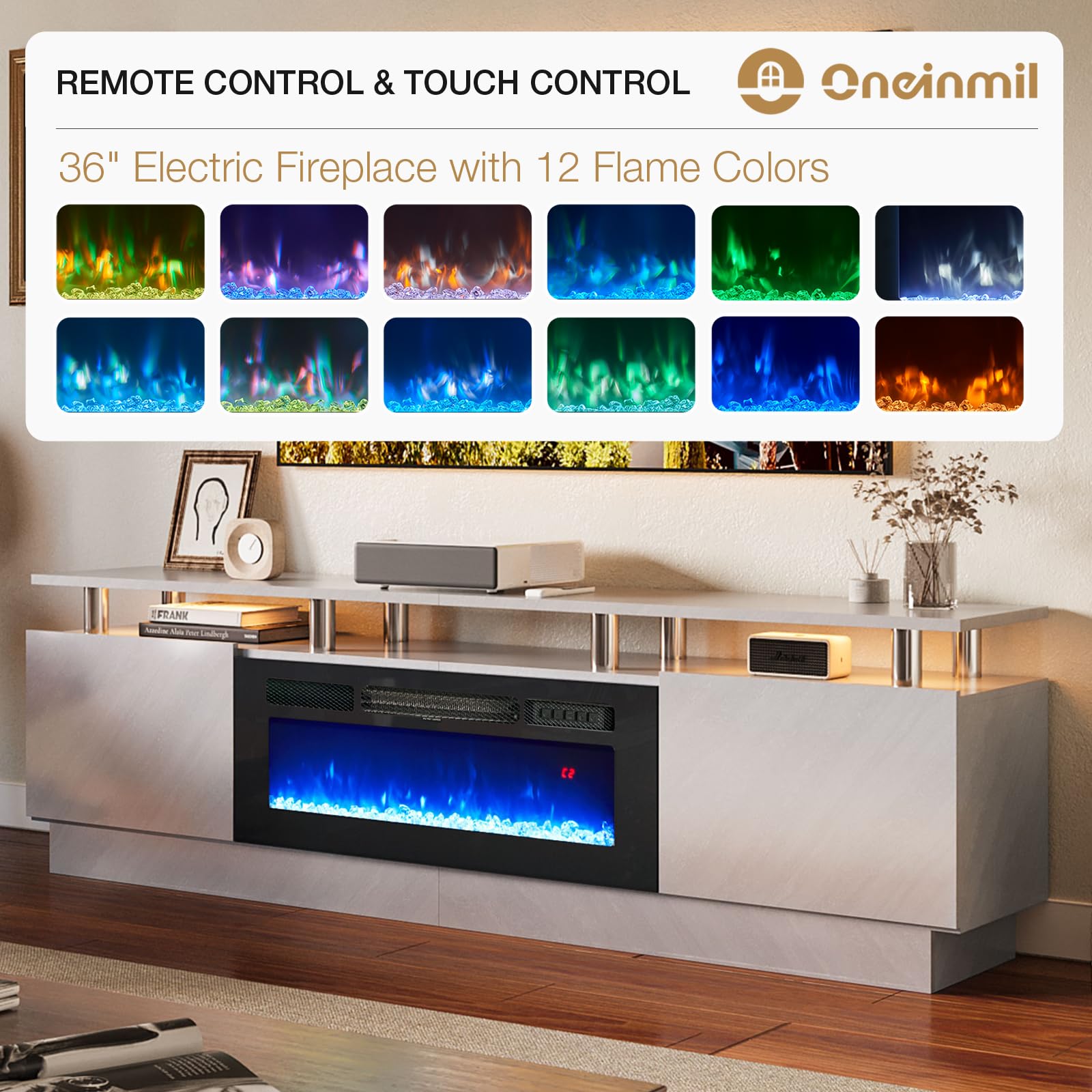 oneinmil Fireplace TV Stand with 36” Electric Fireplace, 2 Tier TV Console Stand for TVs Up to 90"", LED Light Entertainment Center, Fireplace for The Living Room TV Stand, Black, 80''