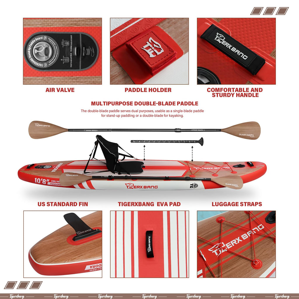 TIGERXBANG Paddle Board, 10.8' Stand Up Paddle Board with Premium Complete Inflatable SUP Accessories, Extra Wide Paddleboards for Adults & Kids-Pandora Collection Chili Red