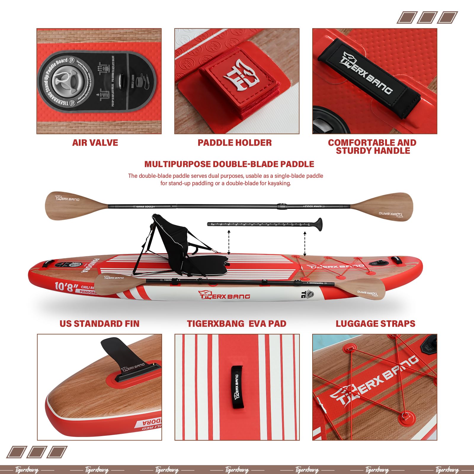 TIGERXBANG Paddle Board, 10.8' Stand Up Paddle Board with Premium Complete Inflatable SUP Accessories, Extra Wide Paddleboards for Adults & Kids-Pandora Collection Chili Red
