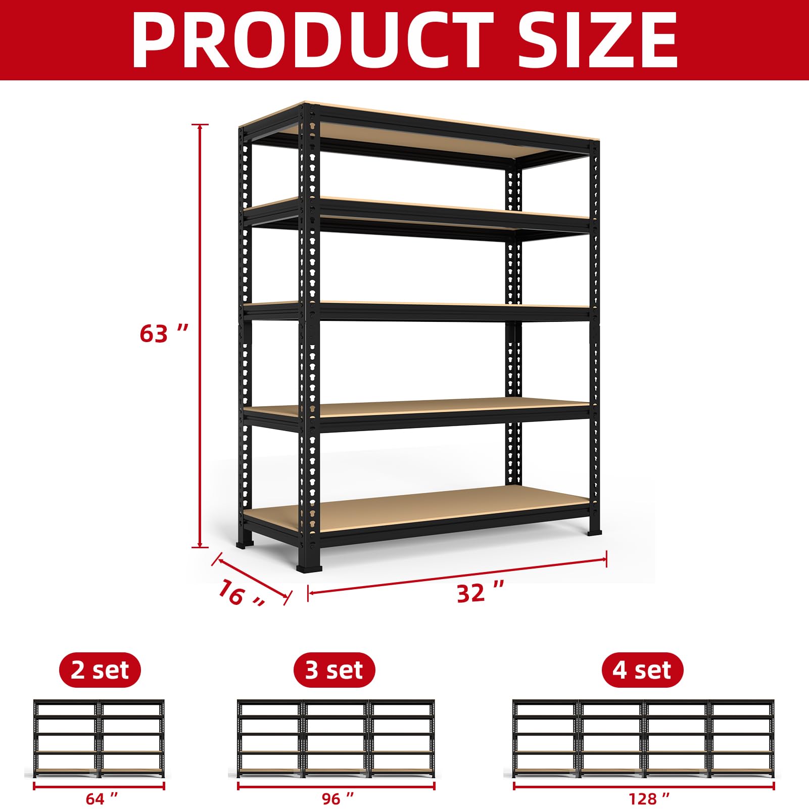 PrimeZone Heavy Duty Garage Storage Shelves, 31.5" W x 16" D x 63" H Adjustable Gargae Shelving, 5 Tier Metal Shelving Unit, Storage Shelf Utility Rack Organizer for Garage, Warehouse, Black, 4 Pack