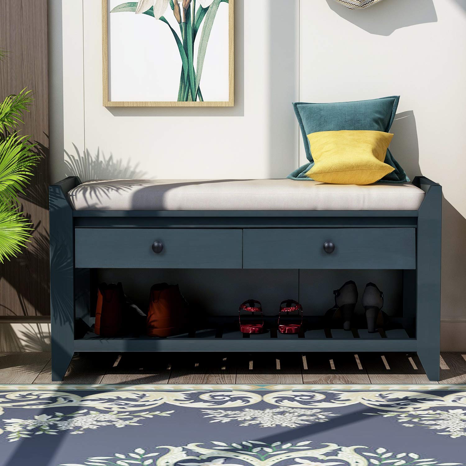 Acosure 42″ Storage Bench with 2 Drawers and 2 Cabinets，Multipurpose Entryway Shoe Rack W/Removable Cushion，for Living Room Hallway Porch,White