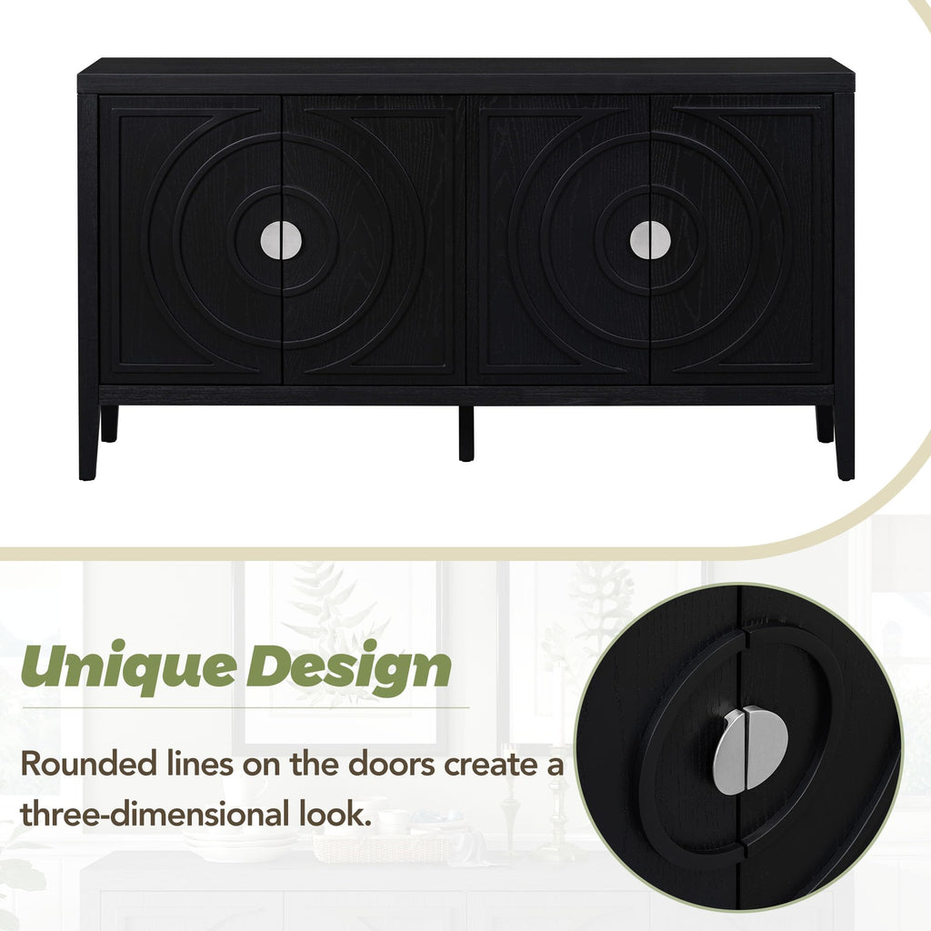 Jintop Retro Sideboard with Circular Groove Design Round Metal Door Handle,Wooden Buffet Cabinet,W/Adjustable Shelves & Open Countertop,for Entrance Living Dinning Room,Black