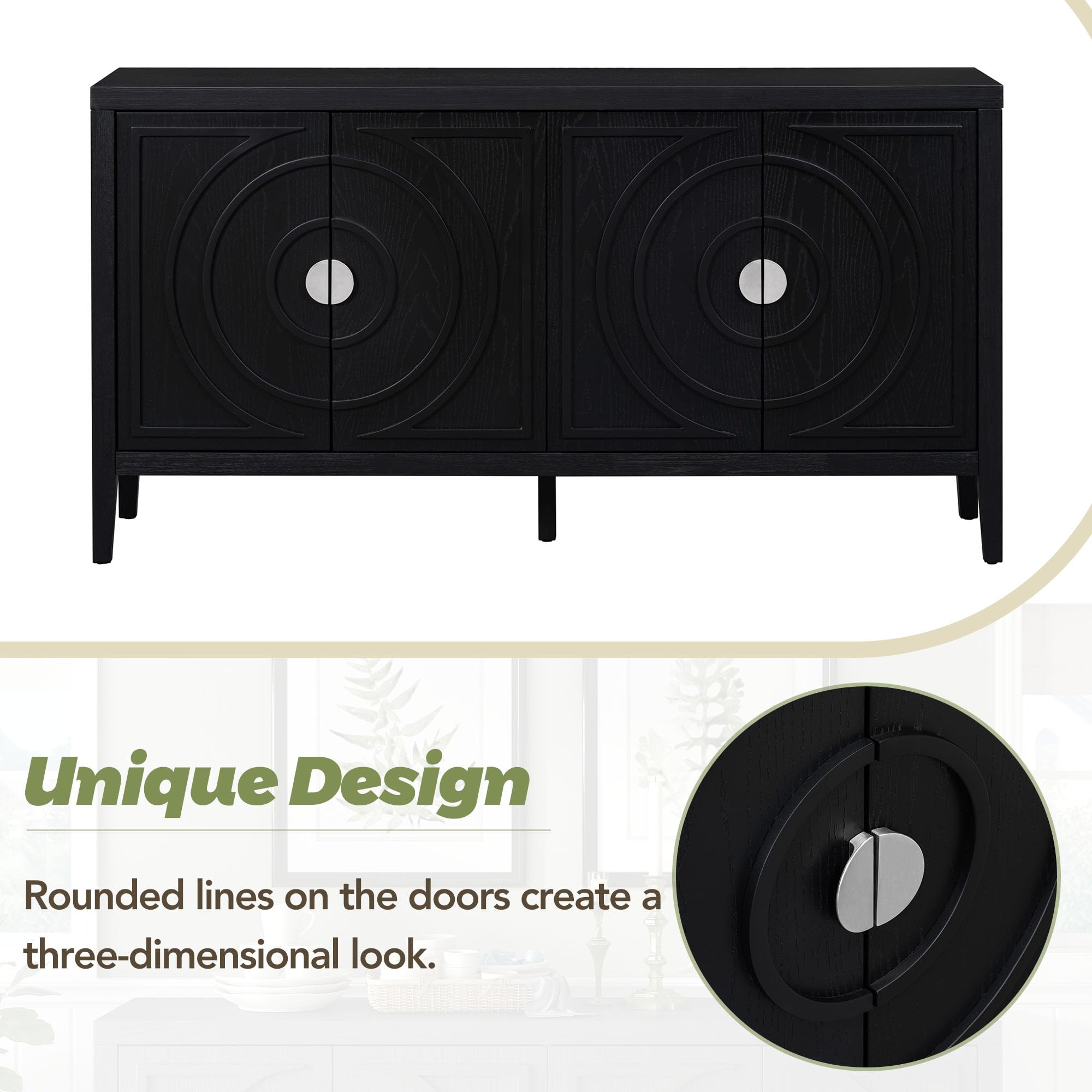 Jintop Retro Sideboard with Circular Groove Design Round Metal Door Handle,Wooden Buffet Cabinet,W/Adjustable Shelves & Open Countertop,for Entrance Living Dinning Room,Black