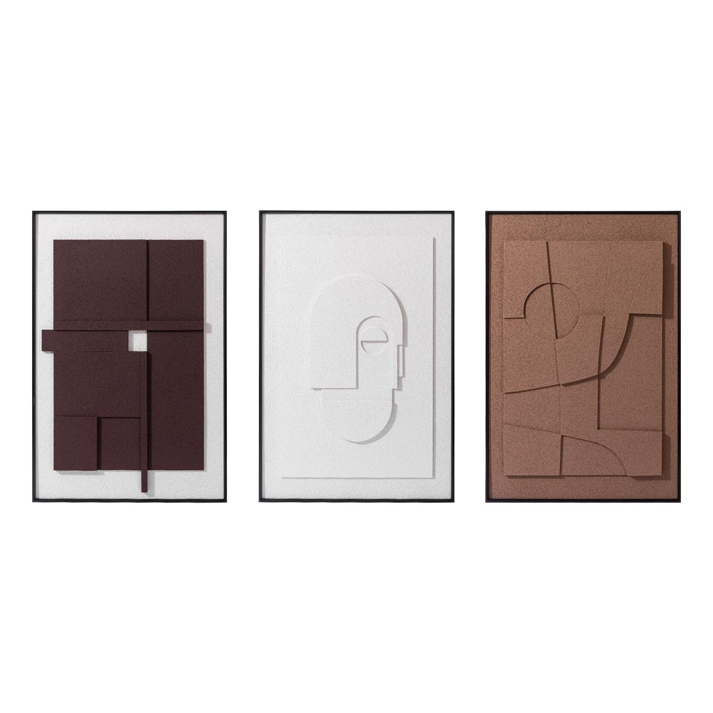 AMAATE 3 Pieces 3D Sandstone Wall Art, Black Metal Framed Modern Abstract Geometric Relief Wall Decor, Brown White Textured Wall Paintings for Living Room Bedroom Office, 24x36 Inches, Ready to Hang