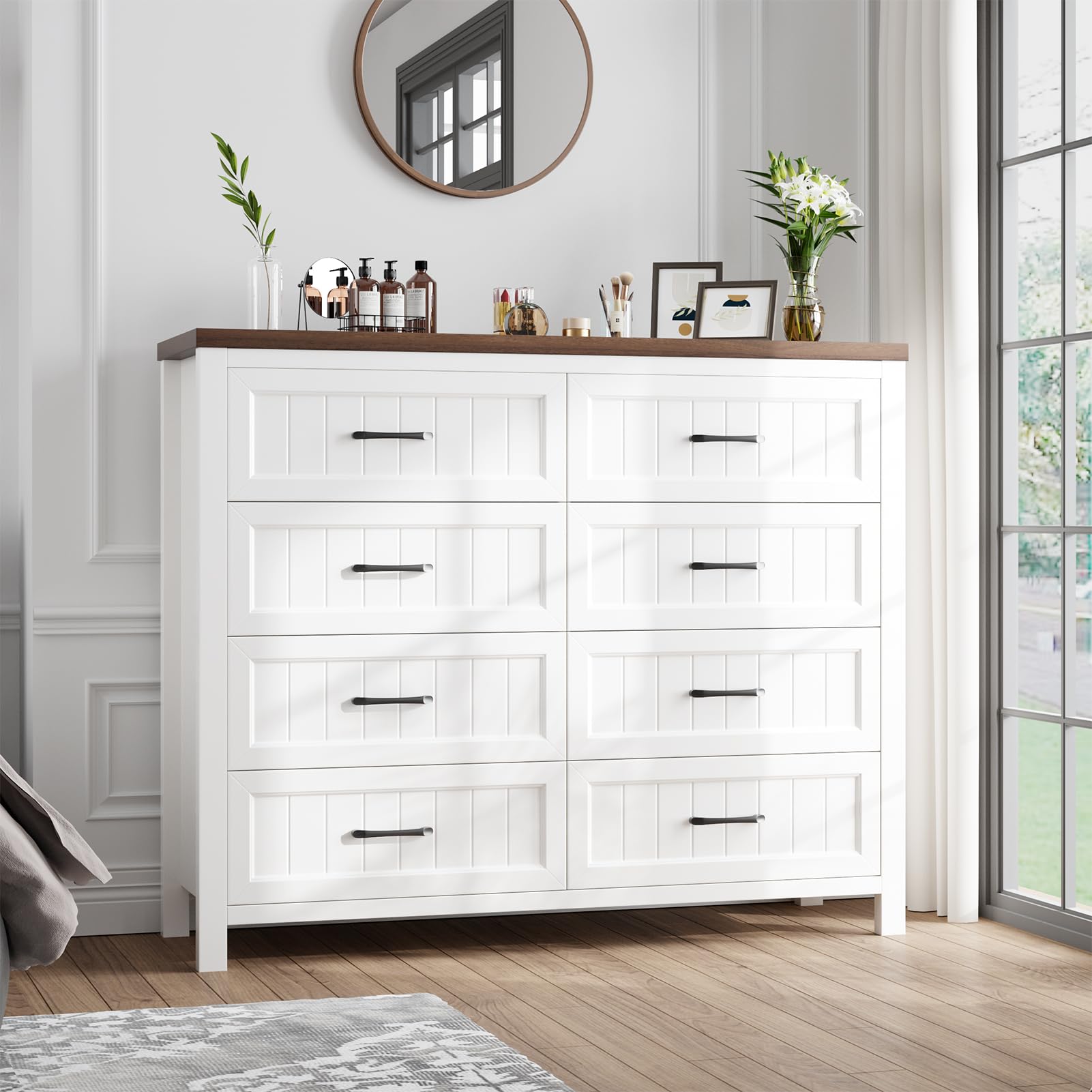 Jocoevol Farmhouse Dresser 8 Drawer Dresser for Bedroom, Large Wooden Dressers Double Grey Dresser with Deep Drawers Dressers for Hallway, Entryway (White and Brown)
