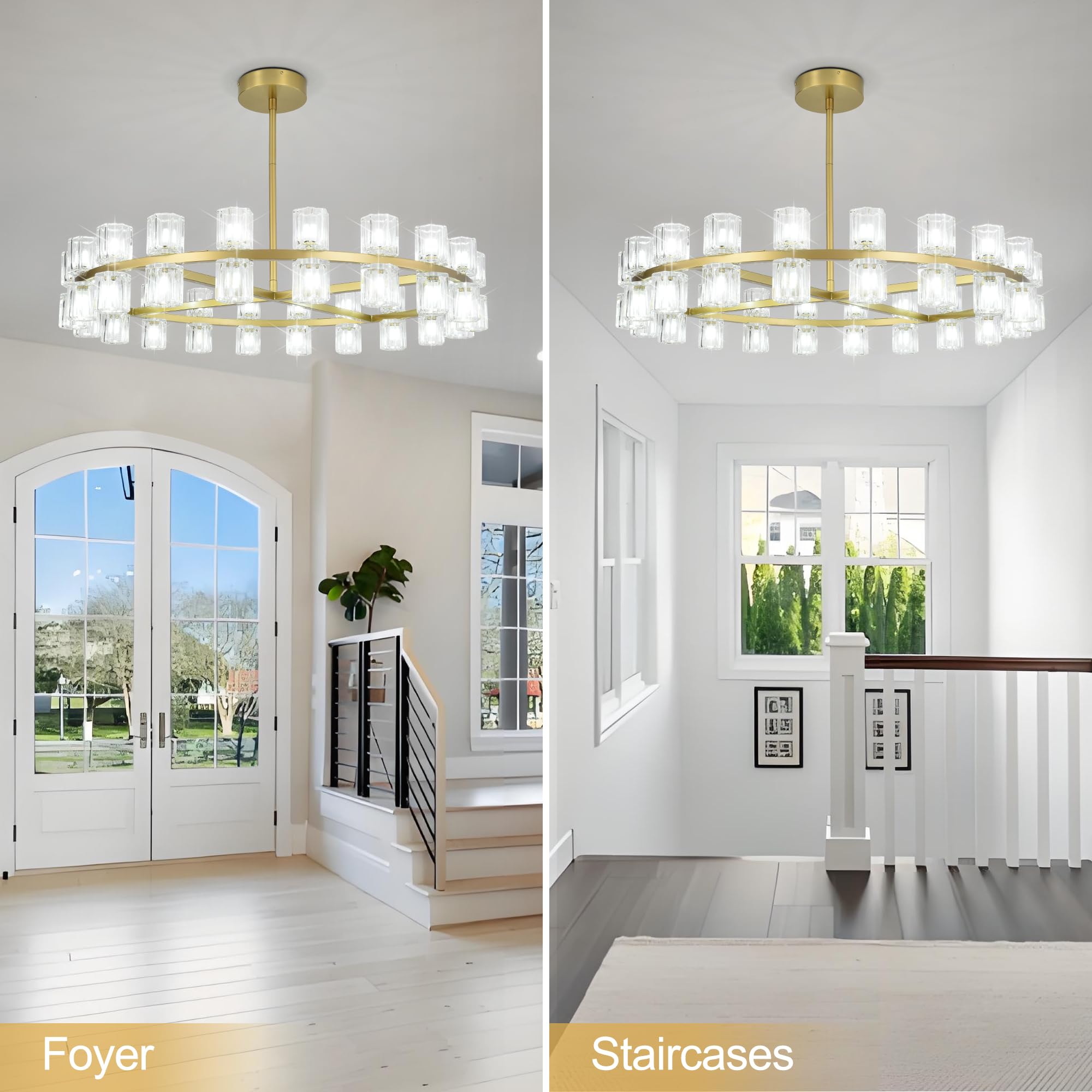 Leadtek 31.5 Inch Gold Wagon Wheel Chandelier, Modern Farmhouse Chandelier with K9 Crystal Chandelier Shade, for Dining Room Light Fixture, Kitchen Island, Entryway, Foyer