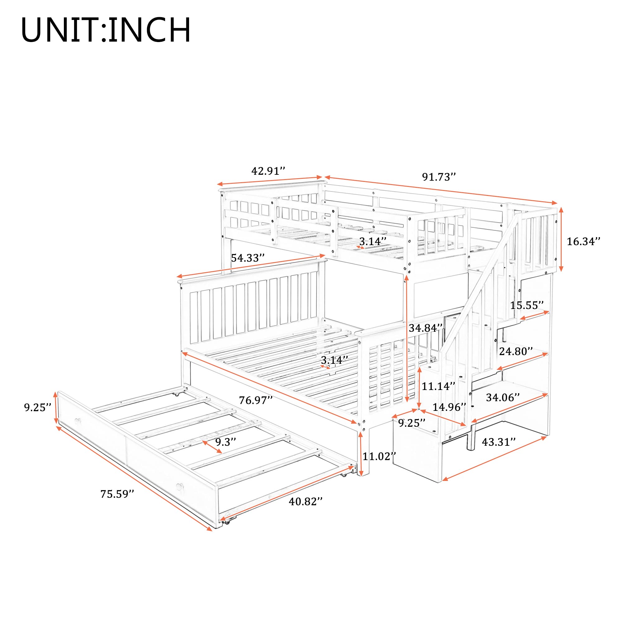 Merax Stairway Twin-Over-Full Bunk Bed with Twin Size Trundle, Storage and Guard Rail for Bedroom, Dorm, for Adults, Espresso