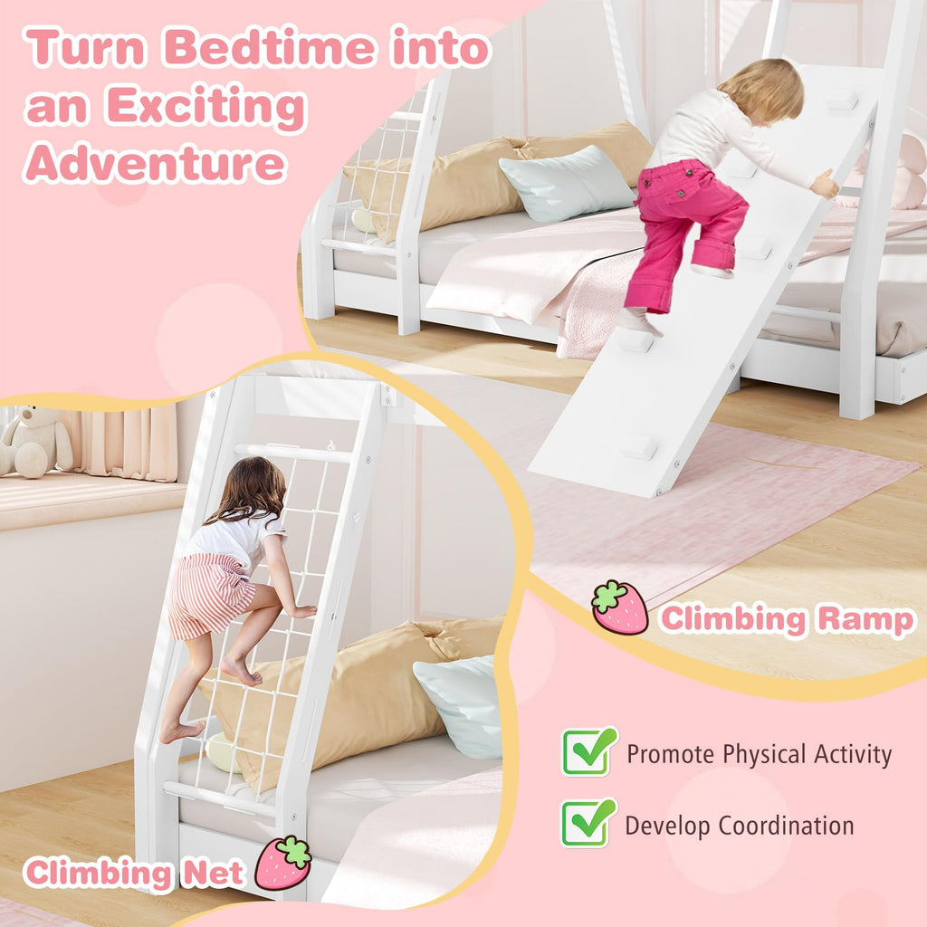 Giantex Twin Over Queen Bunk Bed, Wood House Bunk Bed for Kids with Climbing Nets and Ramp, Floor Queen Size Bunk Beds with Safety Guardrail, No Box Spring Needed, for Boys Girls Adults (White)